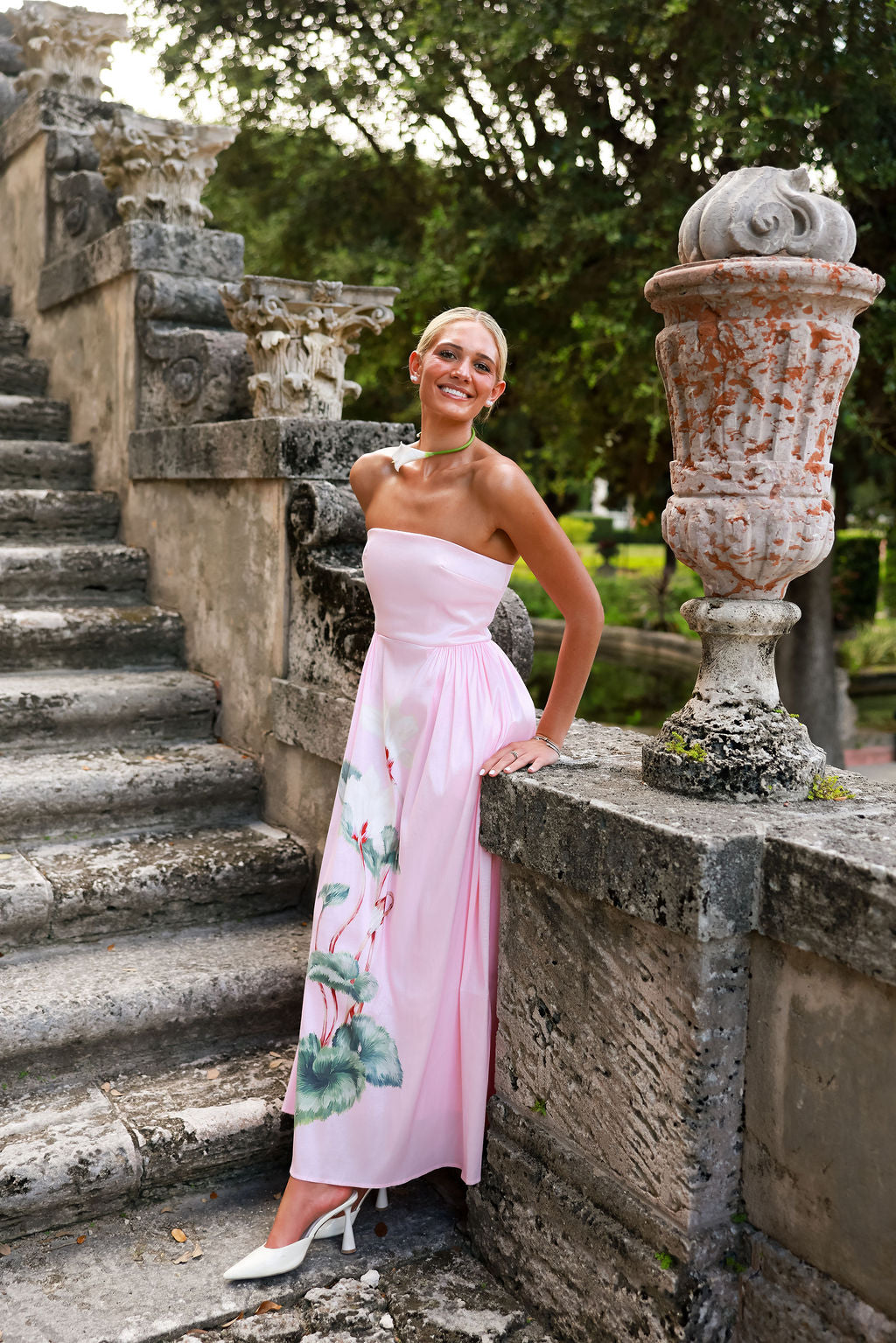 Lucía | Vestido midi floral palabra de honor - Rosa