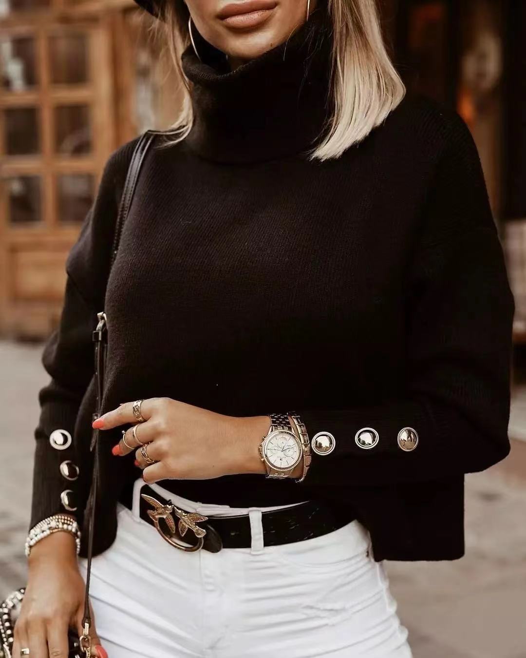 Jersey de mujer de cuello alto con mangas de botones | Casual
