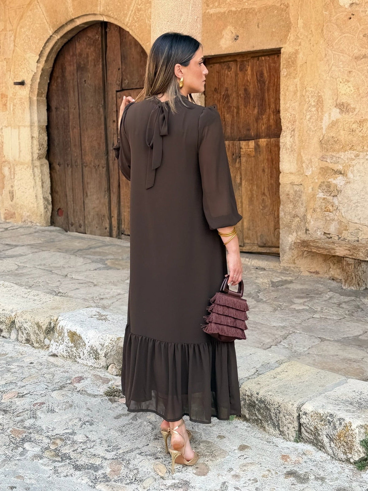 Vestido de gasa lisa marrón | Isabel