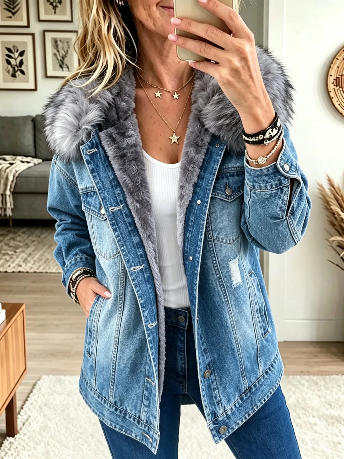 Chaqueta vaquera para mujer con cuello de piel sintética y forro polar