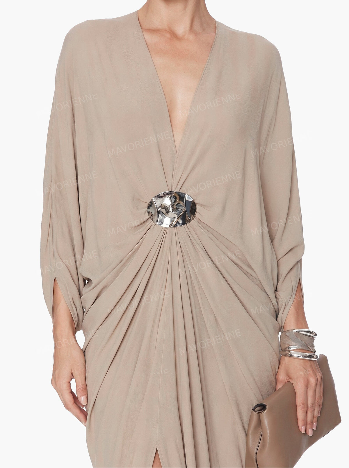 Vestido largo casual drapeado con mangas murciélago