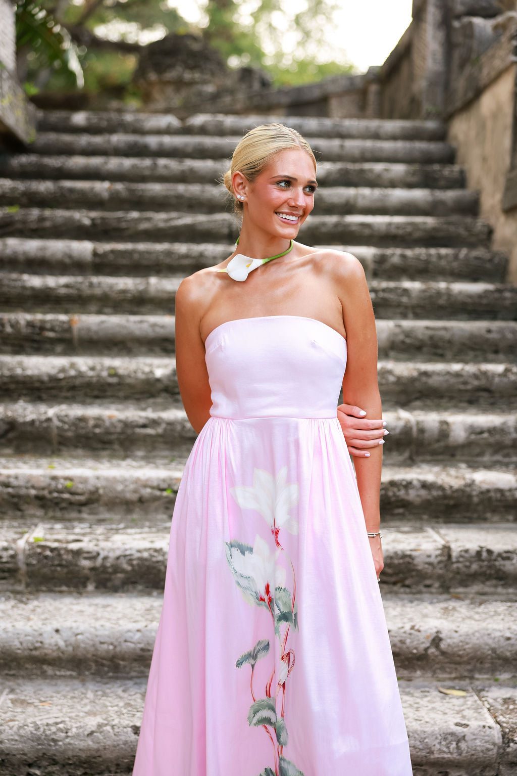 Lucía | Vestido midi floral palabra de honor - Rosa