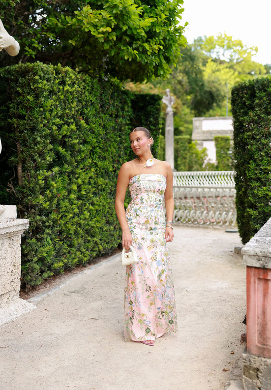 Rocío | Vestido largo con bordado floral - Rosa