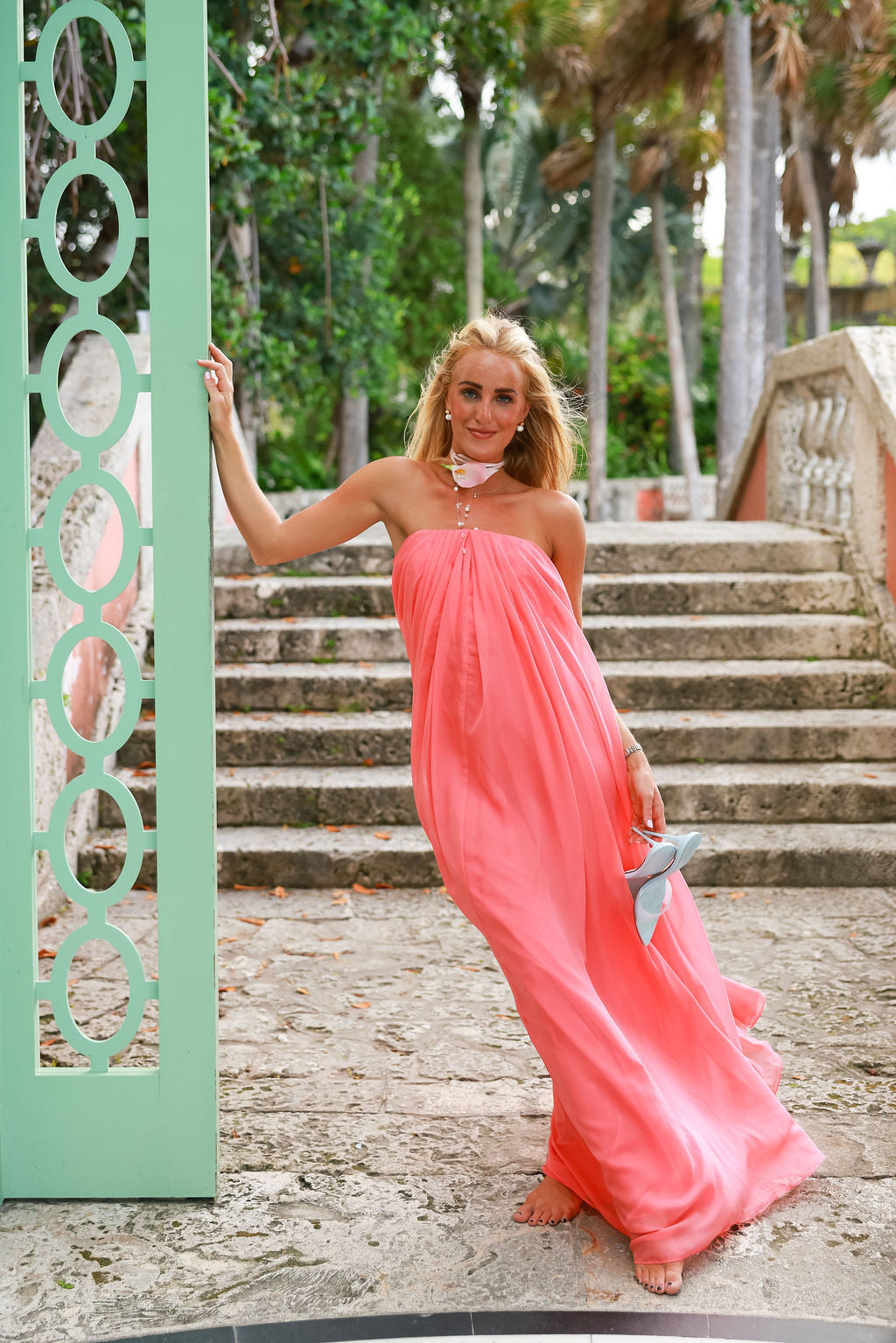 Noelia | Vestido largo palabra de honor - Coral