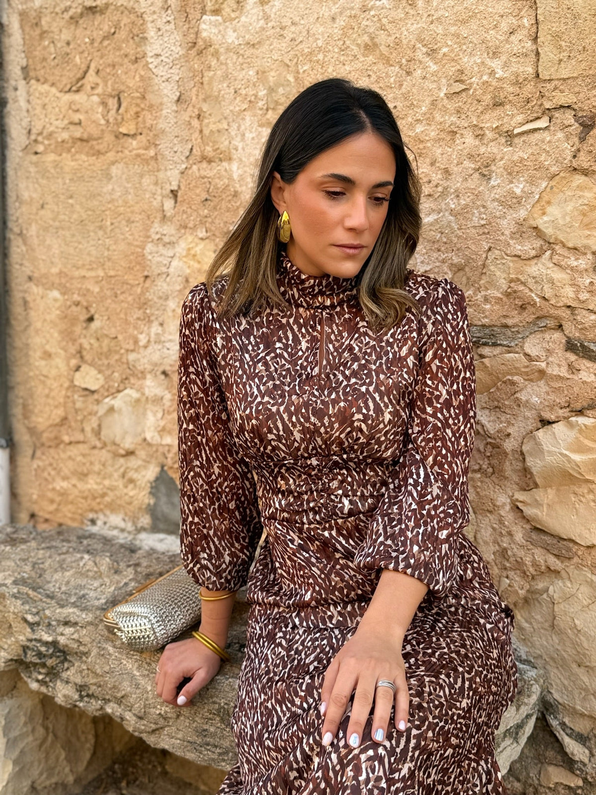 Alba | Vestido midi estampado - Marrón