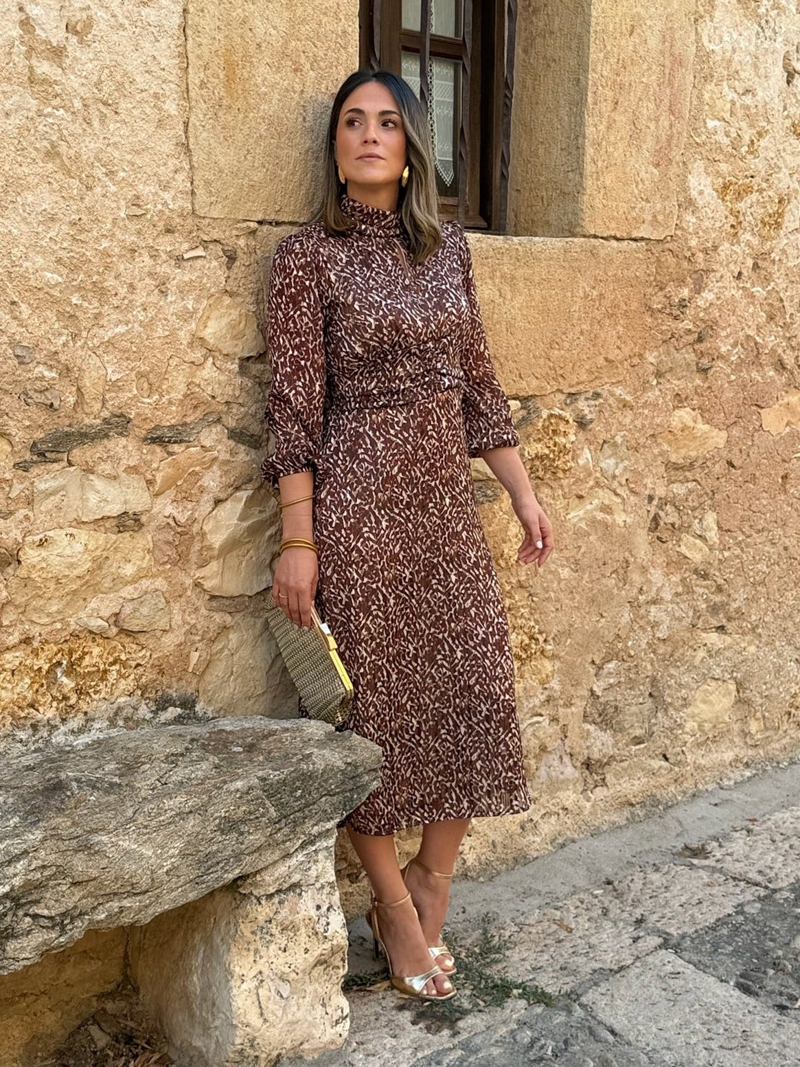 Alba | Vestido midi estampado - Marrón