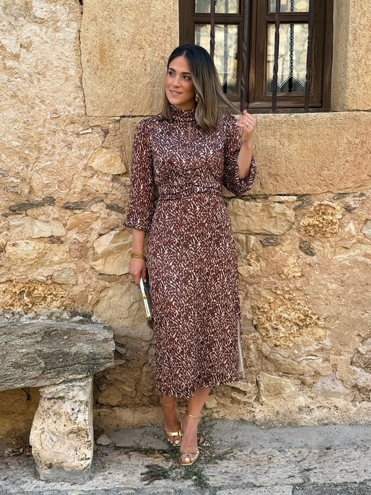 Alba | Vestido midi estampado - Marrón