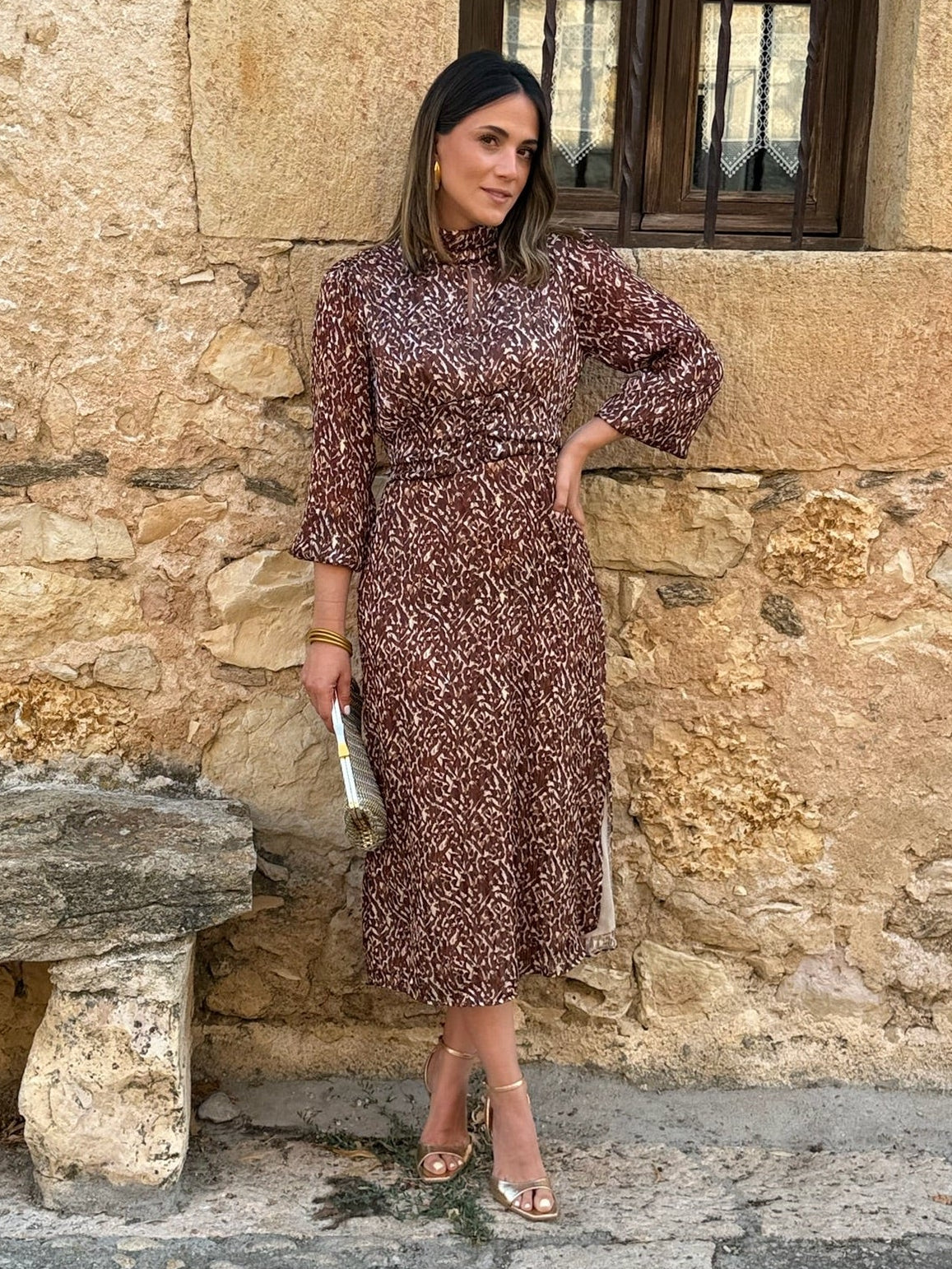 Alba | Vestido midi estampado - Marrón