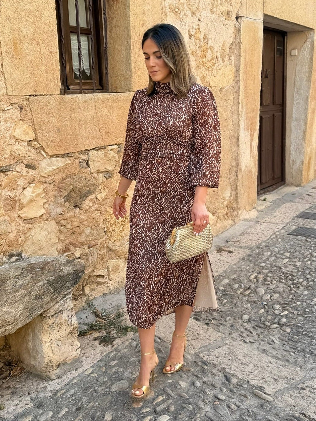 Alba | Vestido midi estampado - Marrón