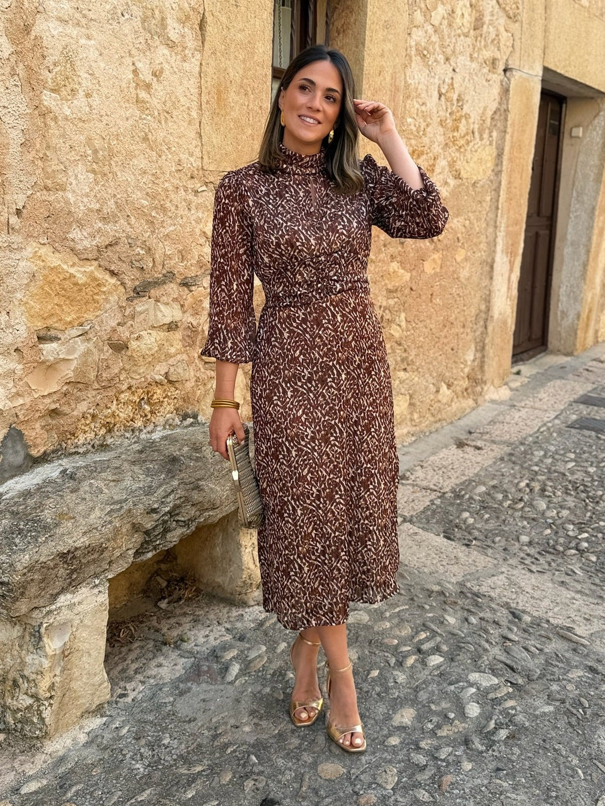 Alba | Vestido midi estampado - Marrón