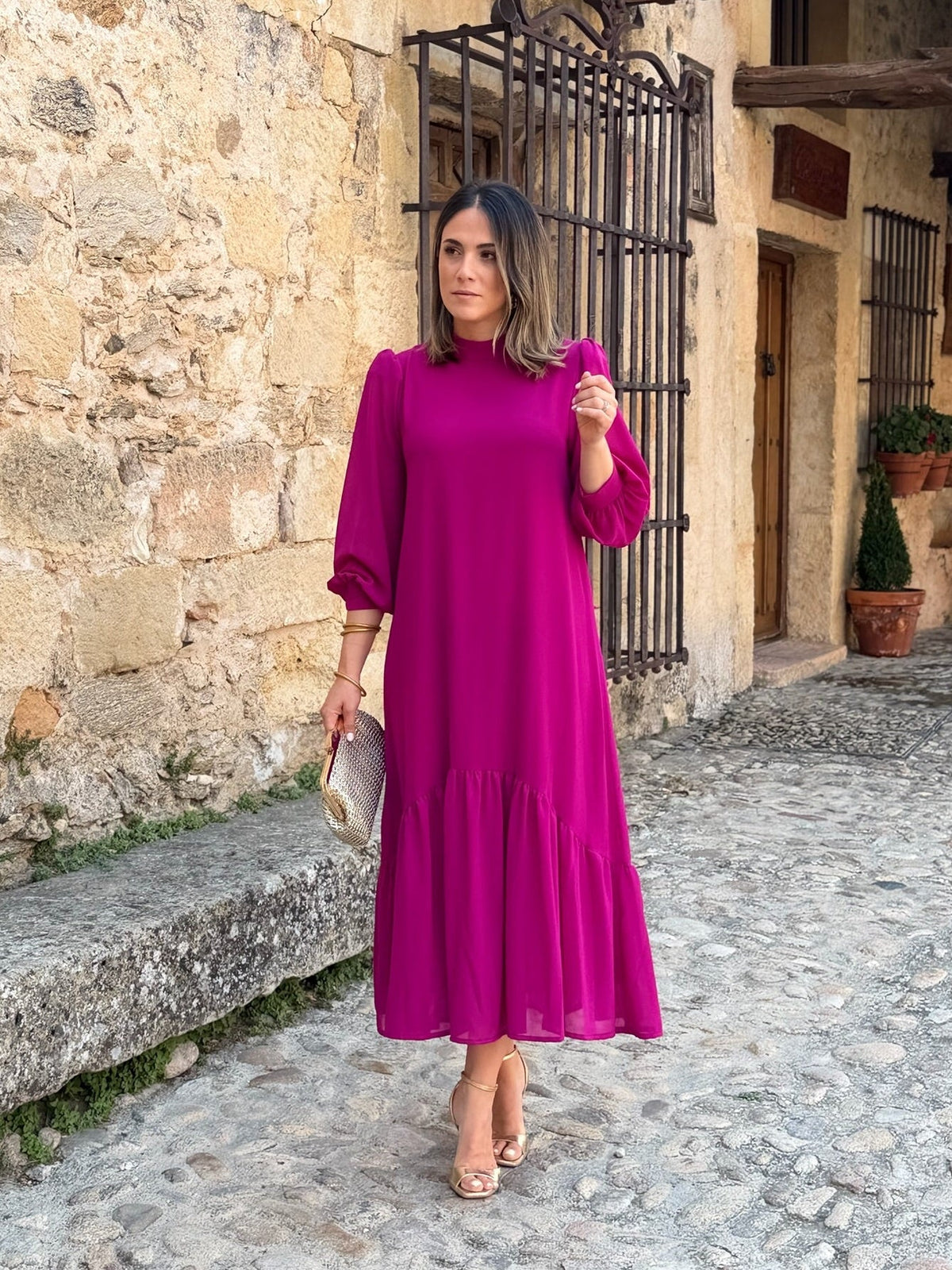Laura | Vestido de gasa con volante - Buganvilla