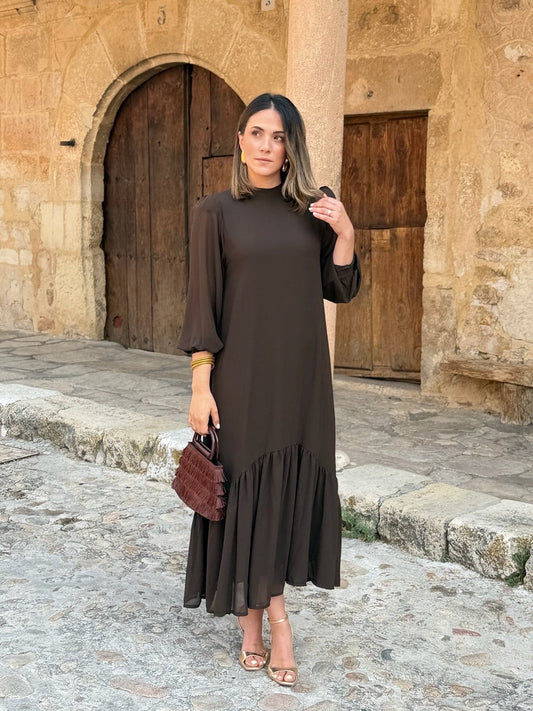 Vestido de gasa lisa marrón | Isabel