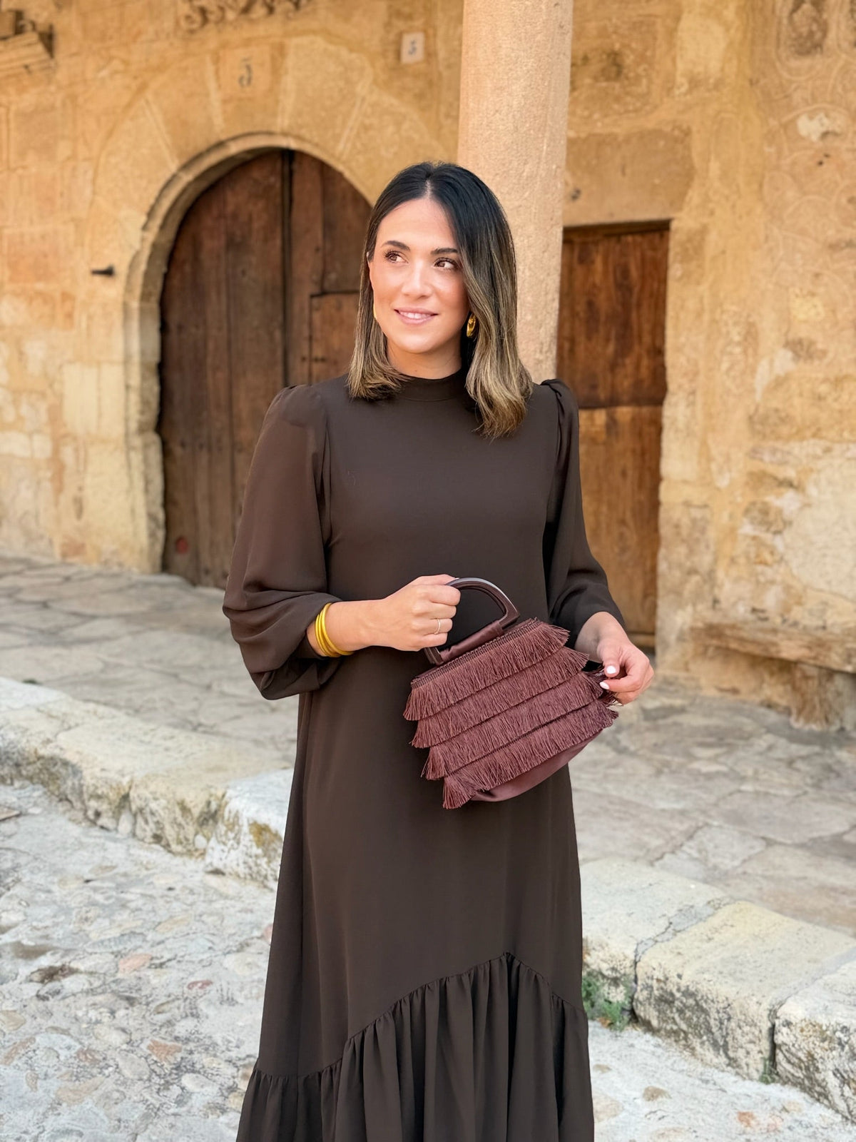 Vestido de gasa lisa marrón | Isabel