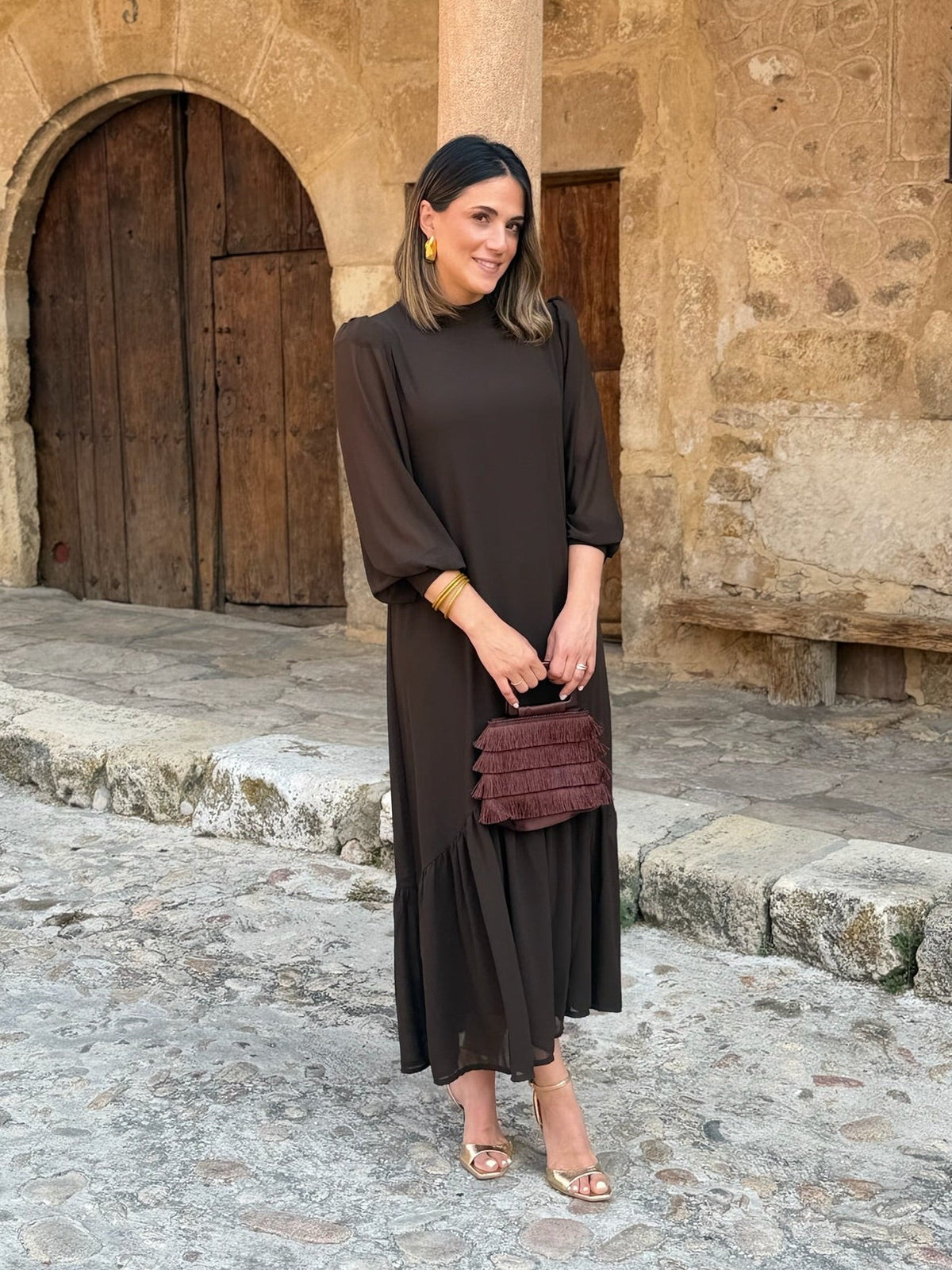 Vestido de gasa lisa marrón | Isabel