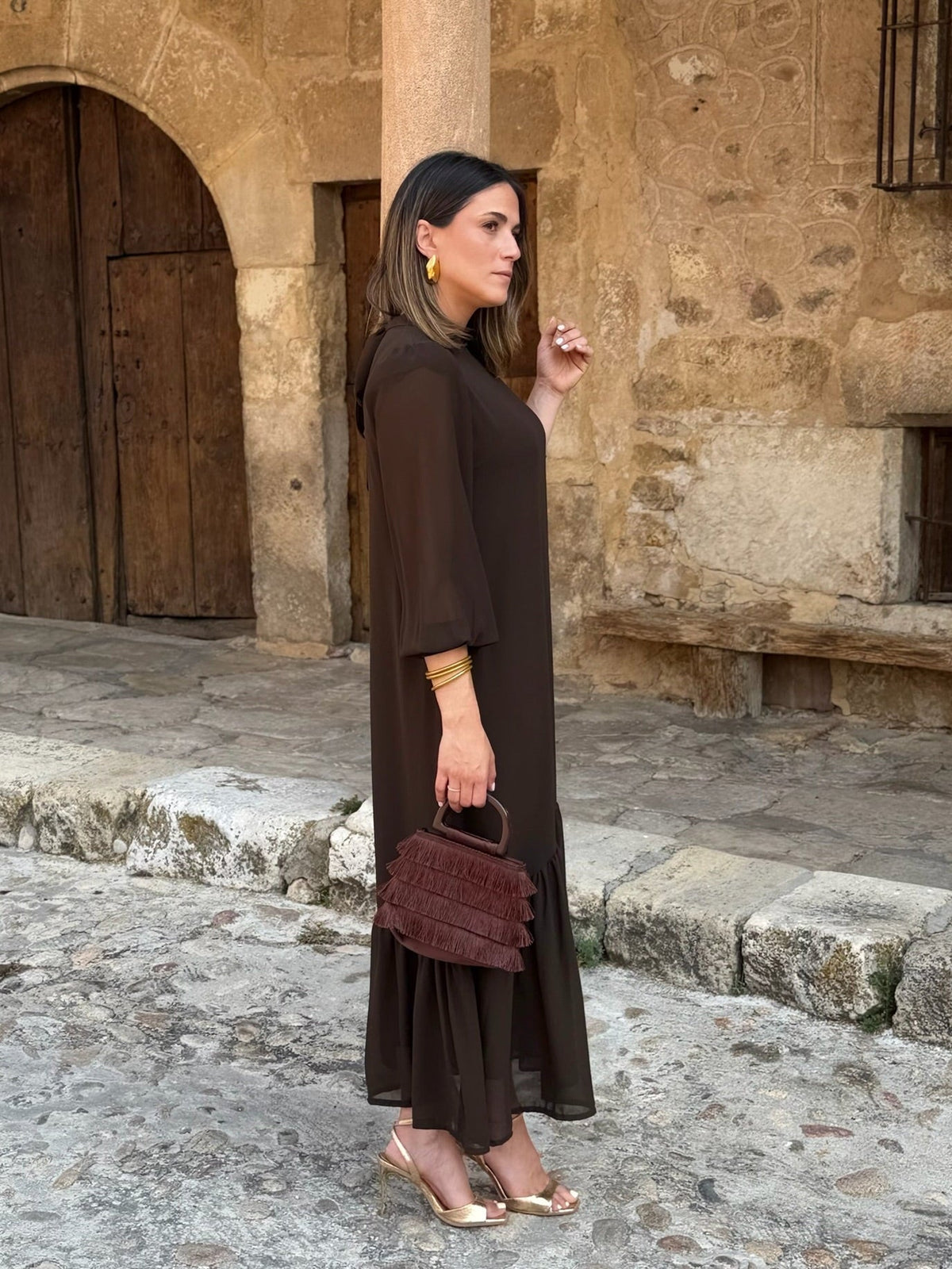 Vestido de gasa lisa marrón | Isabel