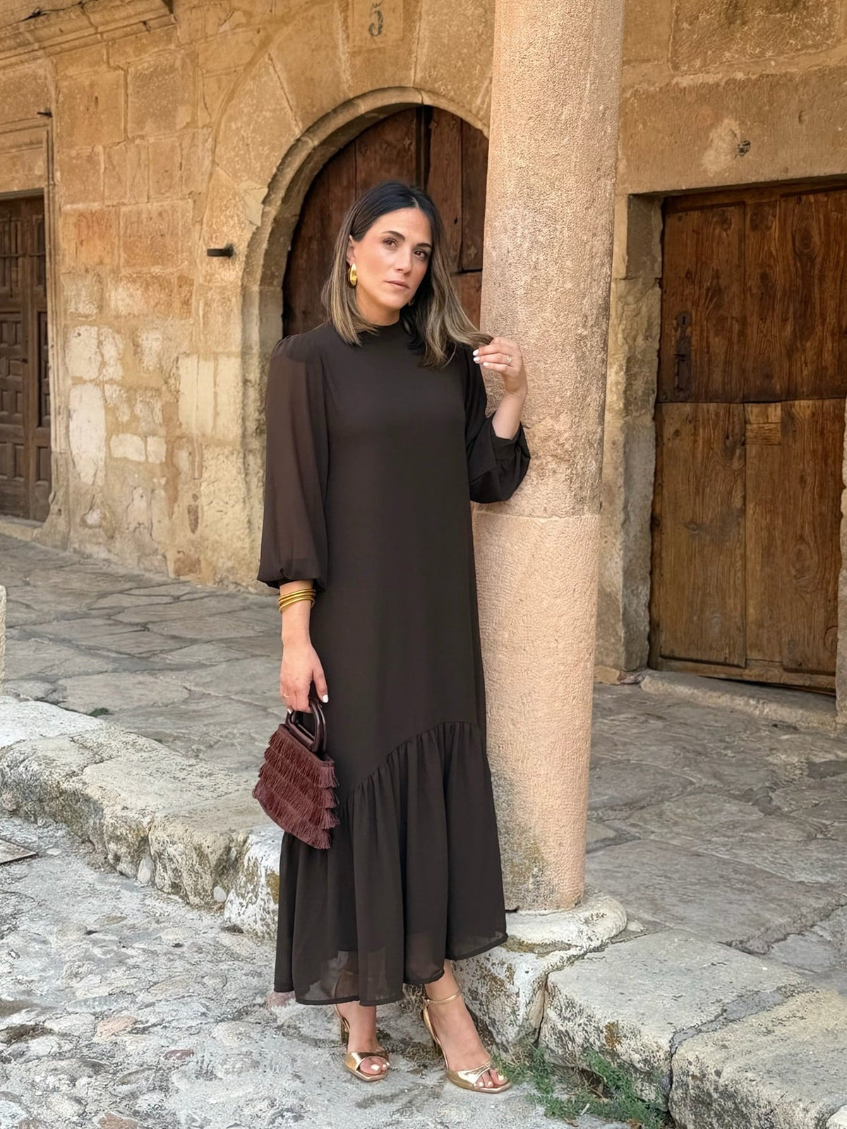 Vestido de gasa lisa marrón | Isabel