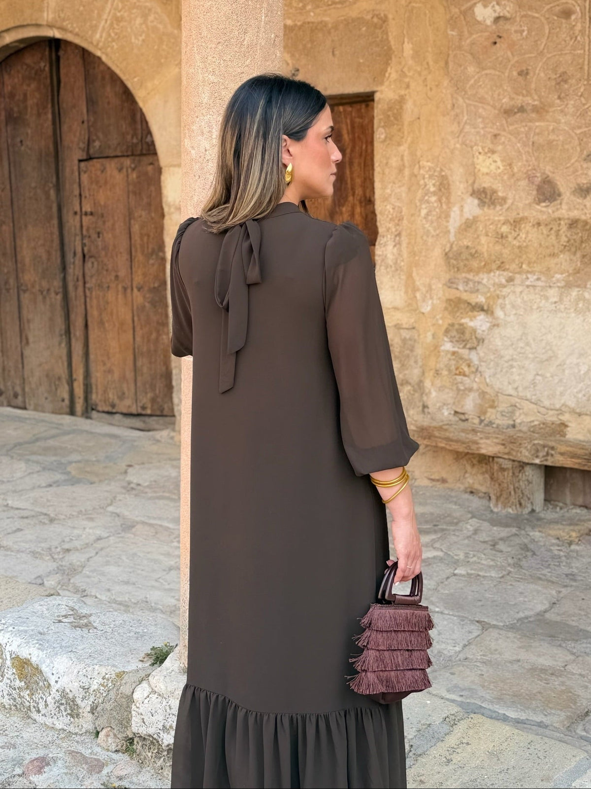 Vestido de gasa lisa marrón | Isabel
