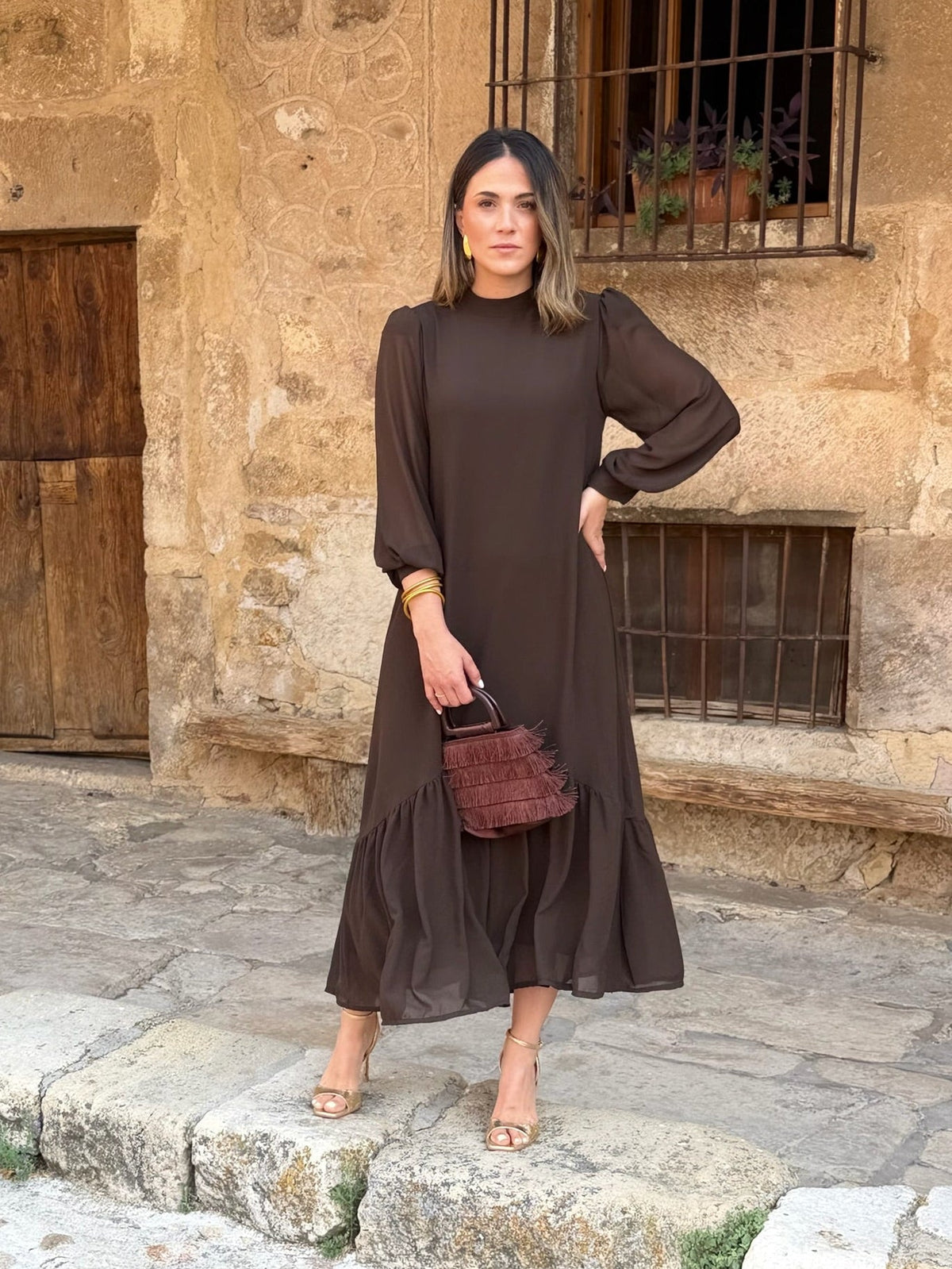 Vestido de gasa lisa marrón | Isabel