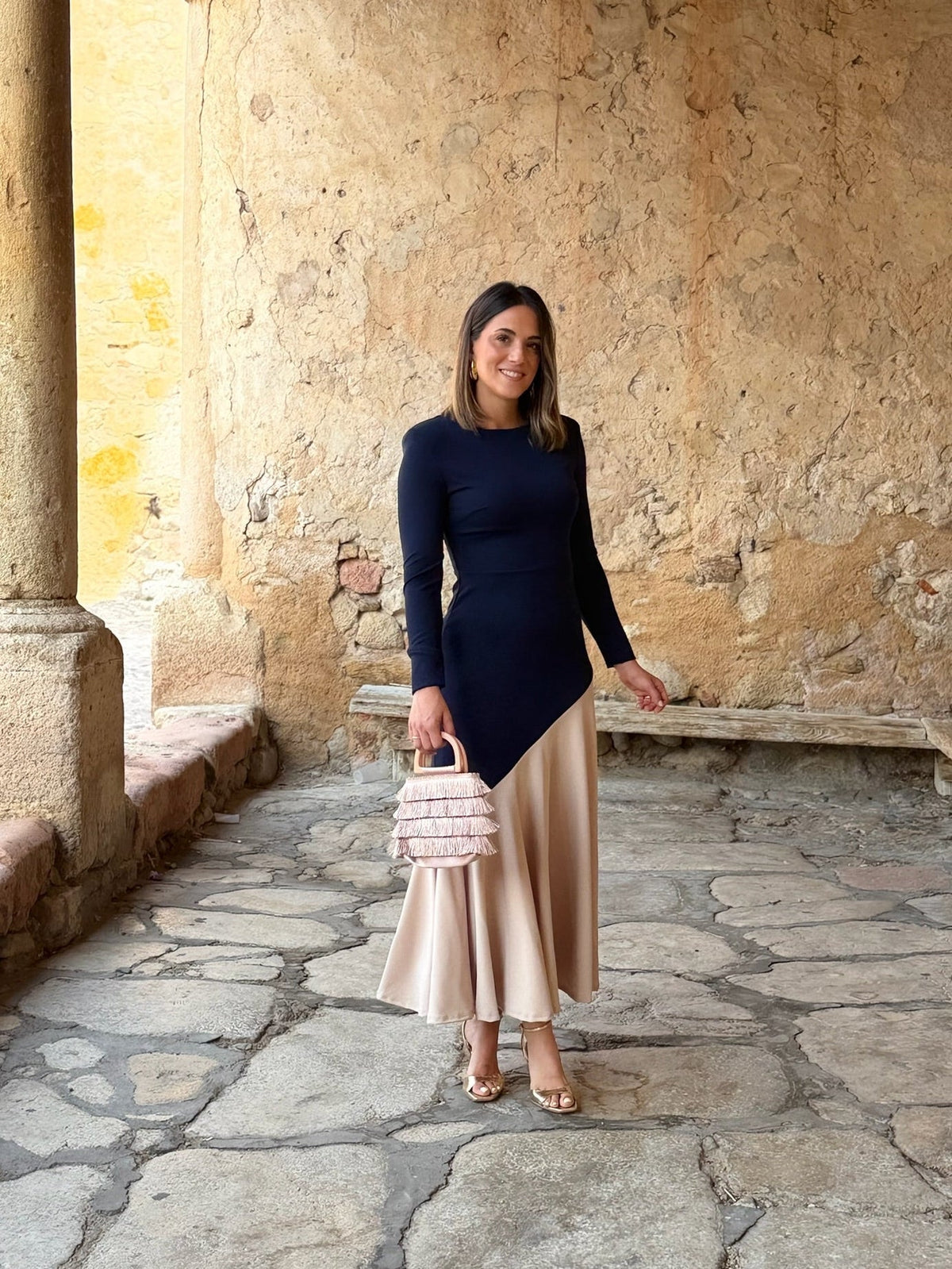 Beatriz | Vestido midi bicolor - Azul marino y beige