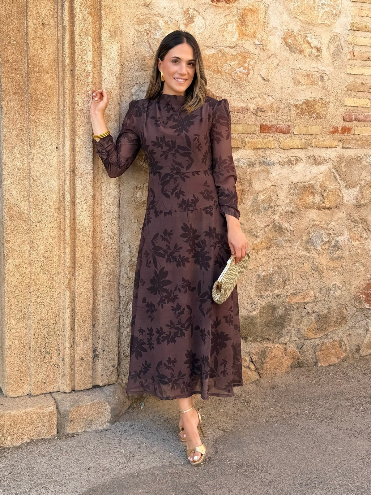 Ana | Vestido midi de gasa estampado - Marrón