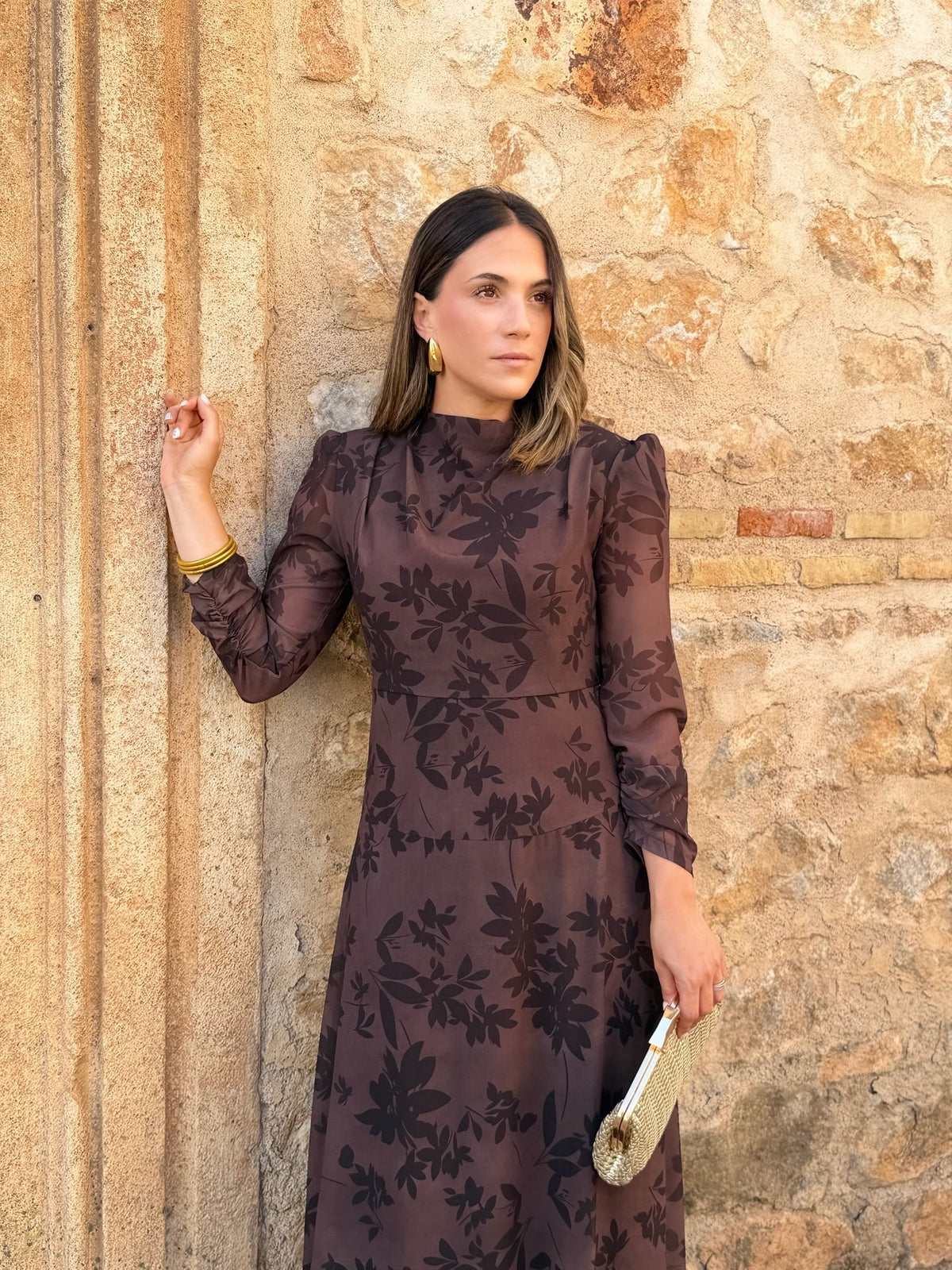 Ana | Vestido midi de gasa estampado - Marrón