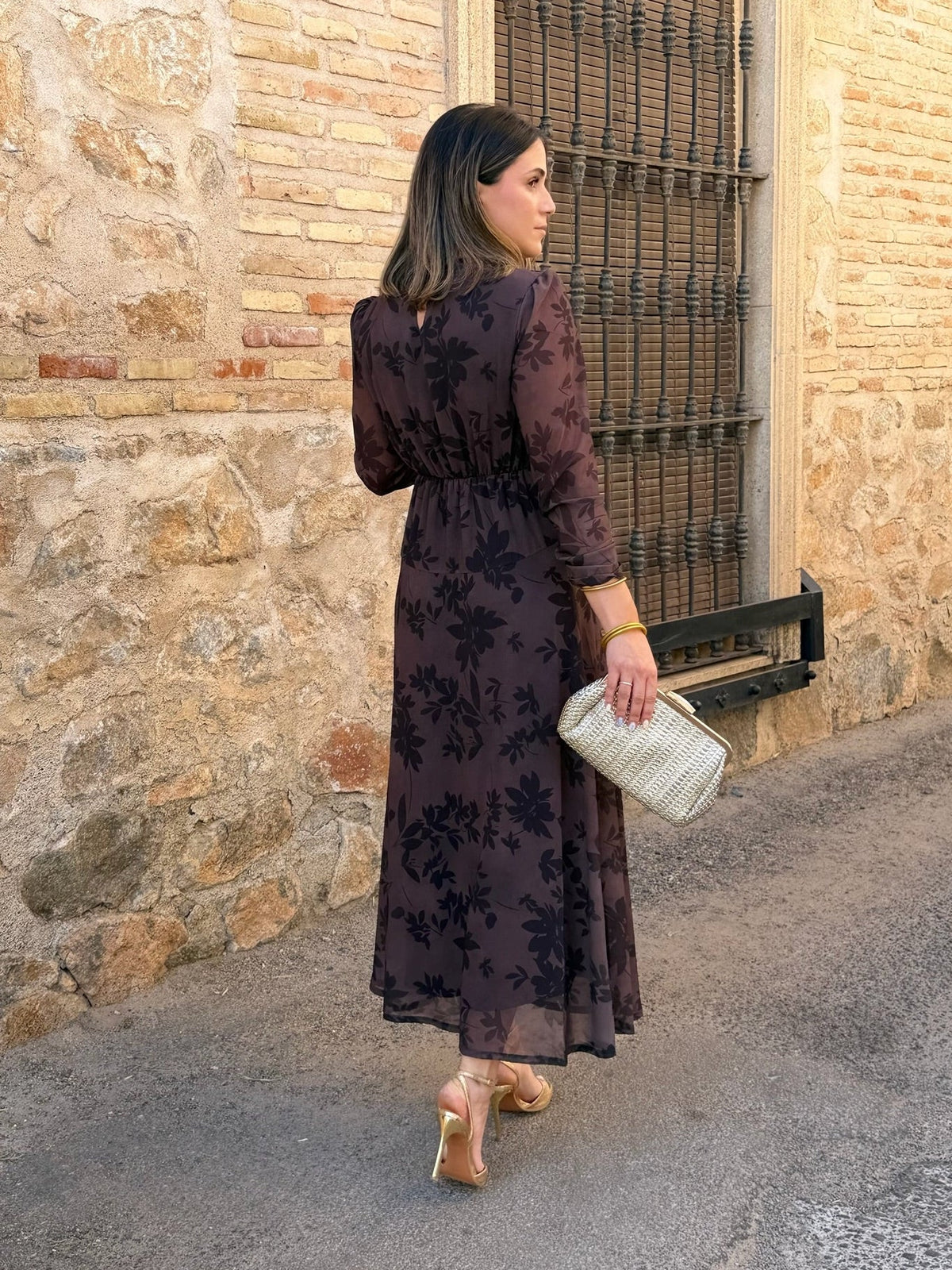 Ana | Vestido midi de gasa estampado - Marrón