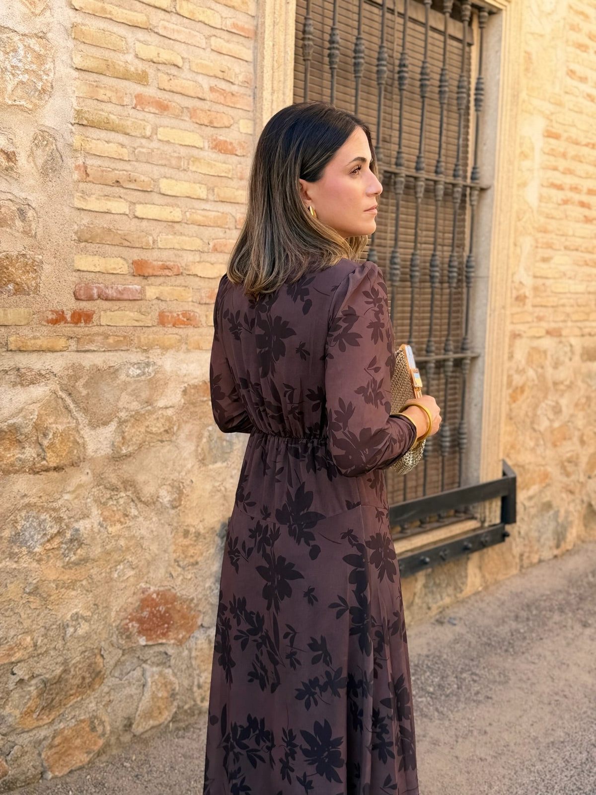 Ana | Vestido midi de gasa estampado - Marrón