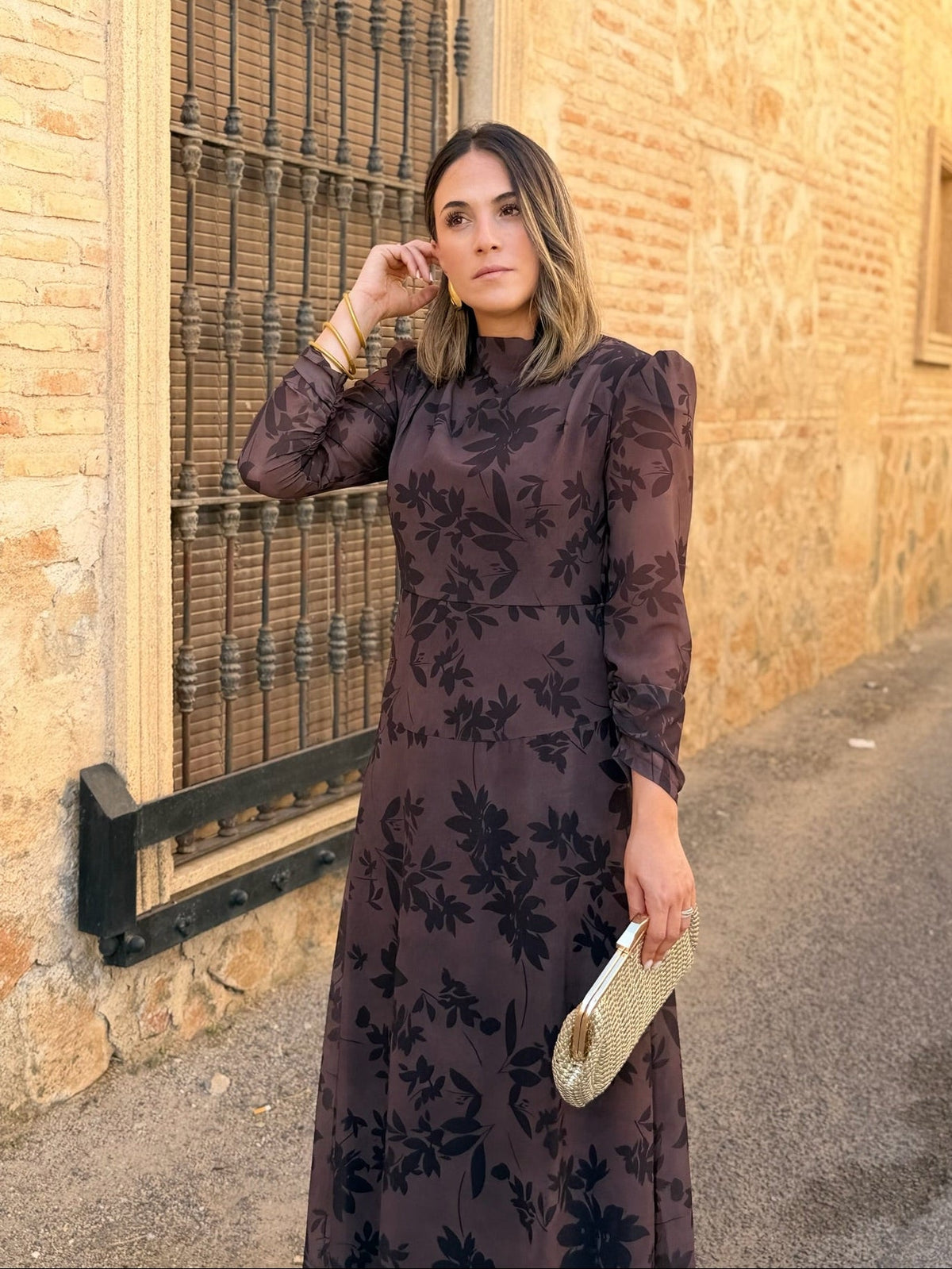Ana | Vestido midi de gasa estampado - Marrón