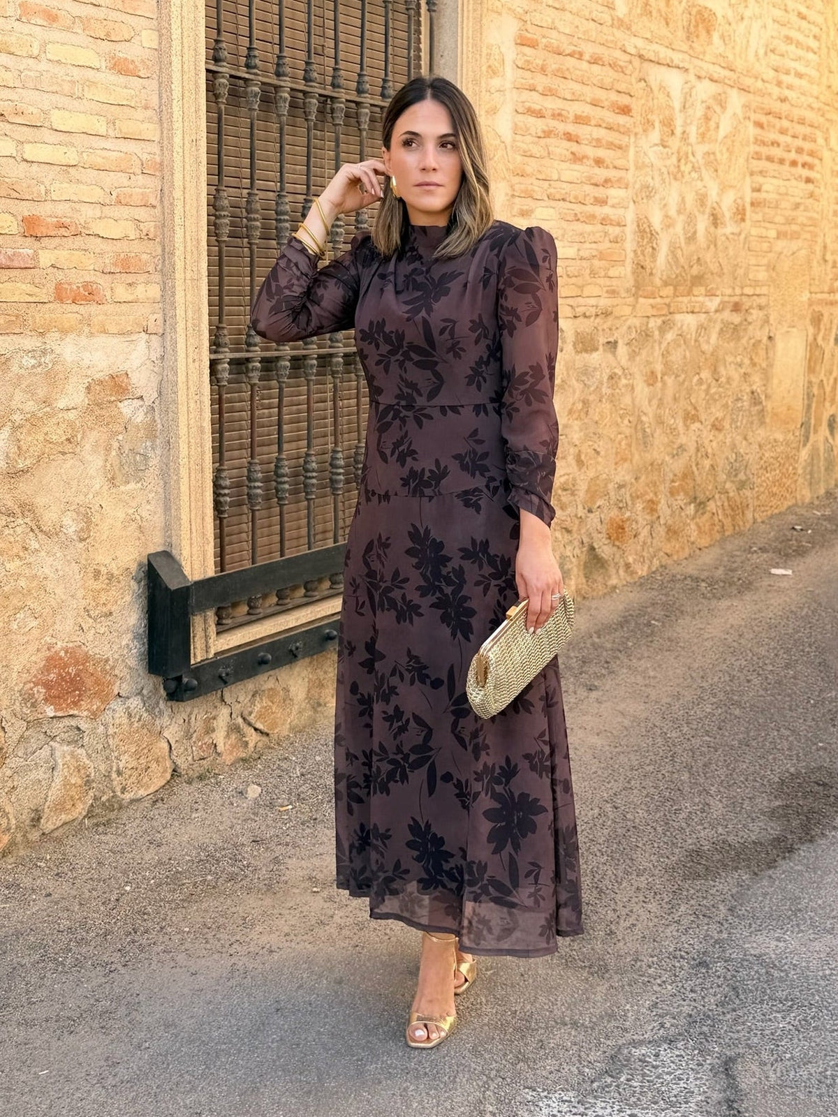 Ana | Vestido midi de gasa estampado - Marrón