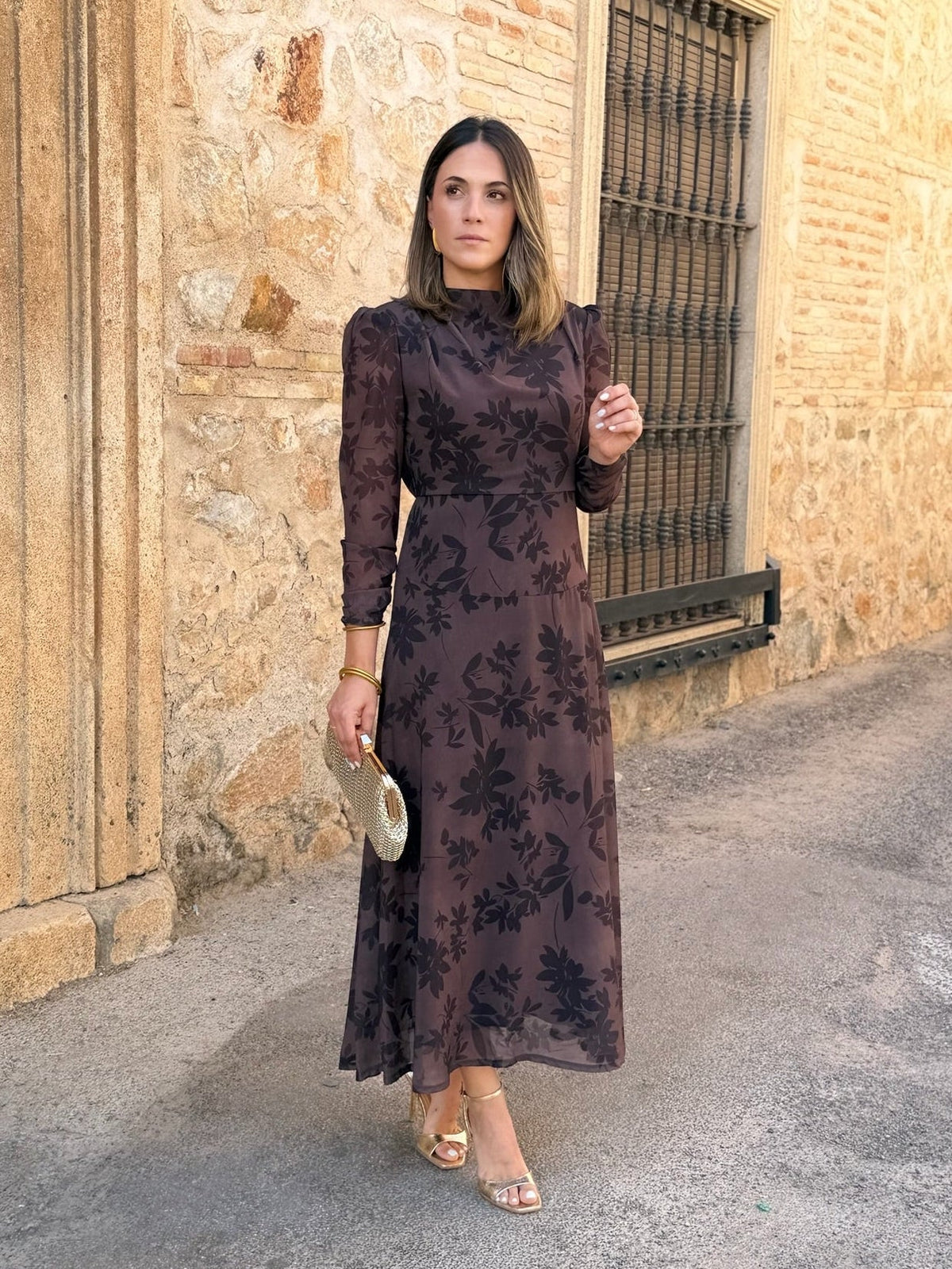 Ana | Vestido midi de gasa estampado - Marrón