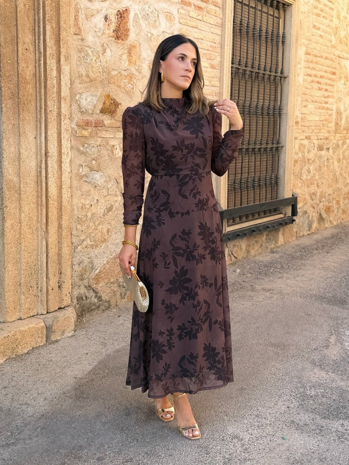 Ana | Vestido midi de gasa estampado - Marrón