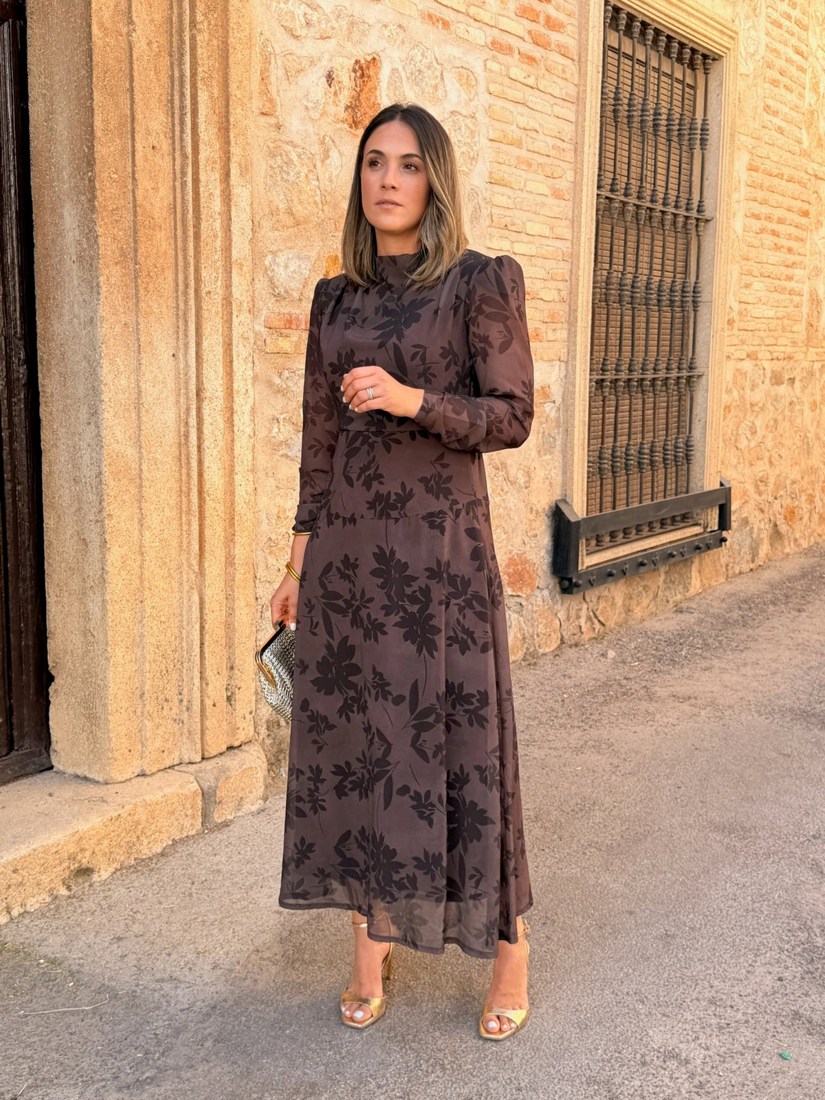 Ana | Vestido midi de gasa estampado - Marrón