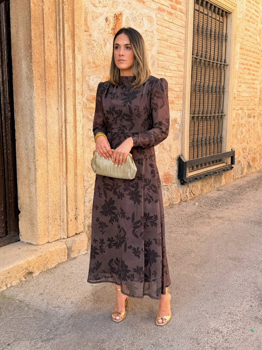 Ana | Vestido midi de gasa estampado - Marrón