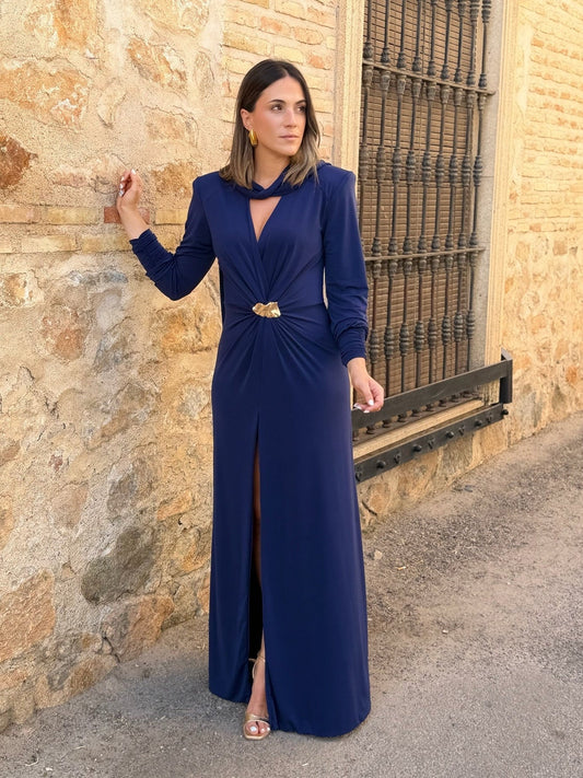 Victoria | Vestido largo con broche dorado - Azul marino