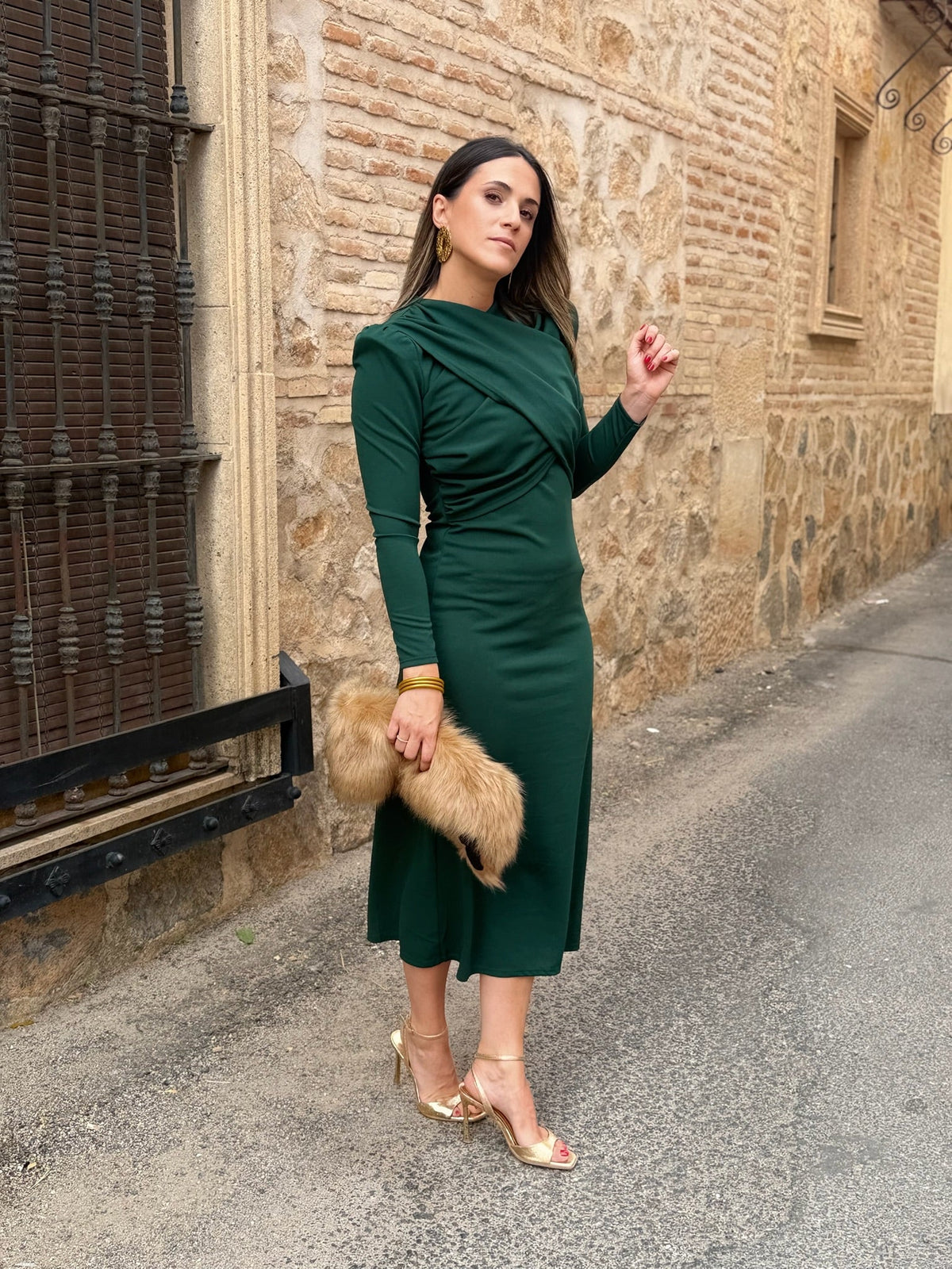 Lucía | Vestido midi drapeado - Verde botella