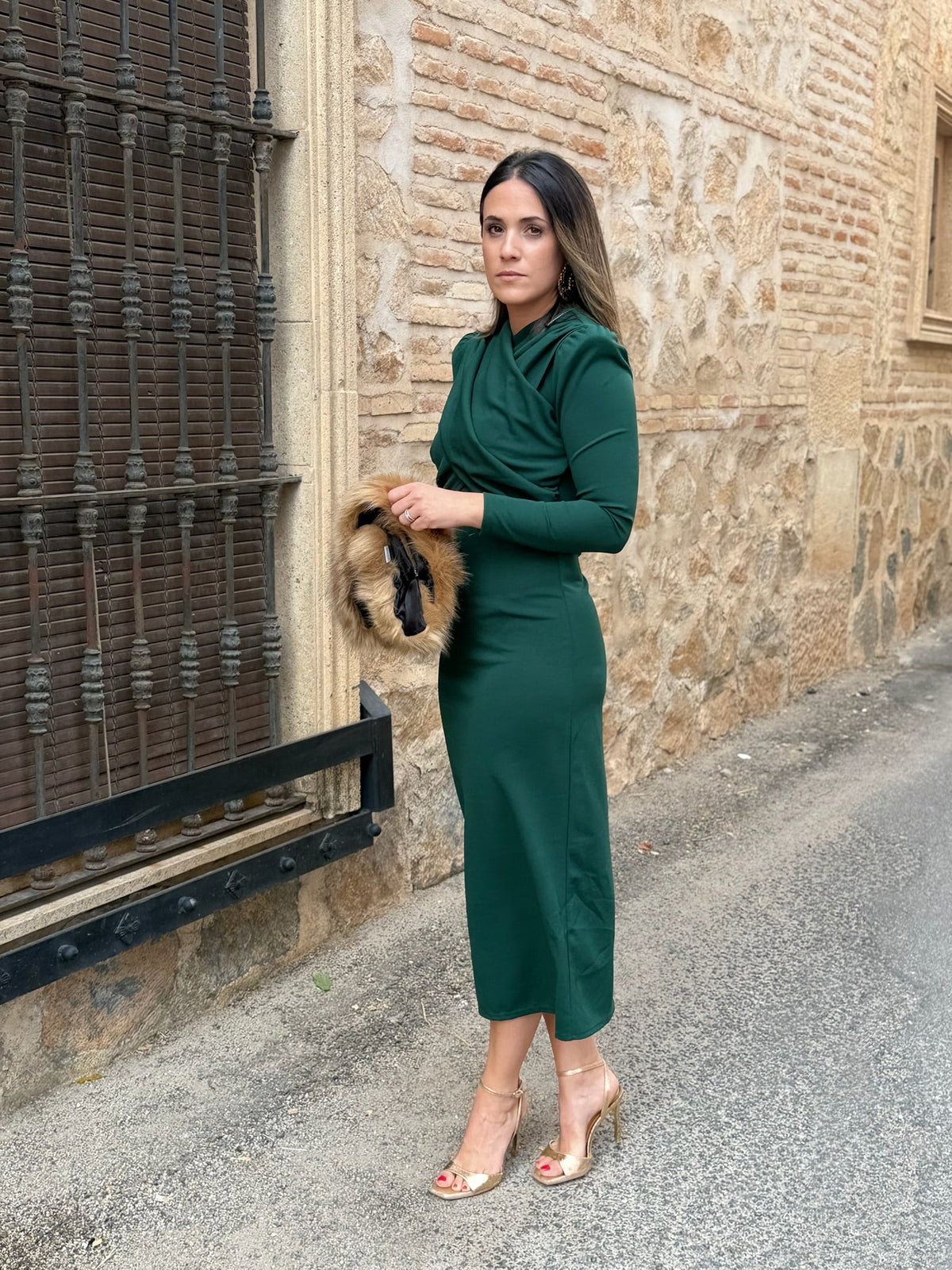 Lucía | Vestido midi drapeado - Verde botella