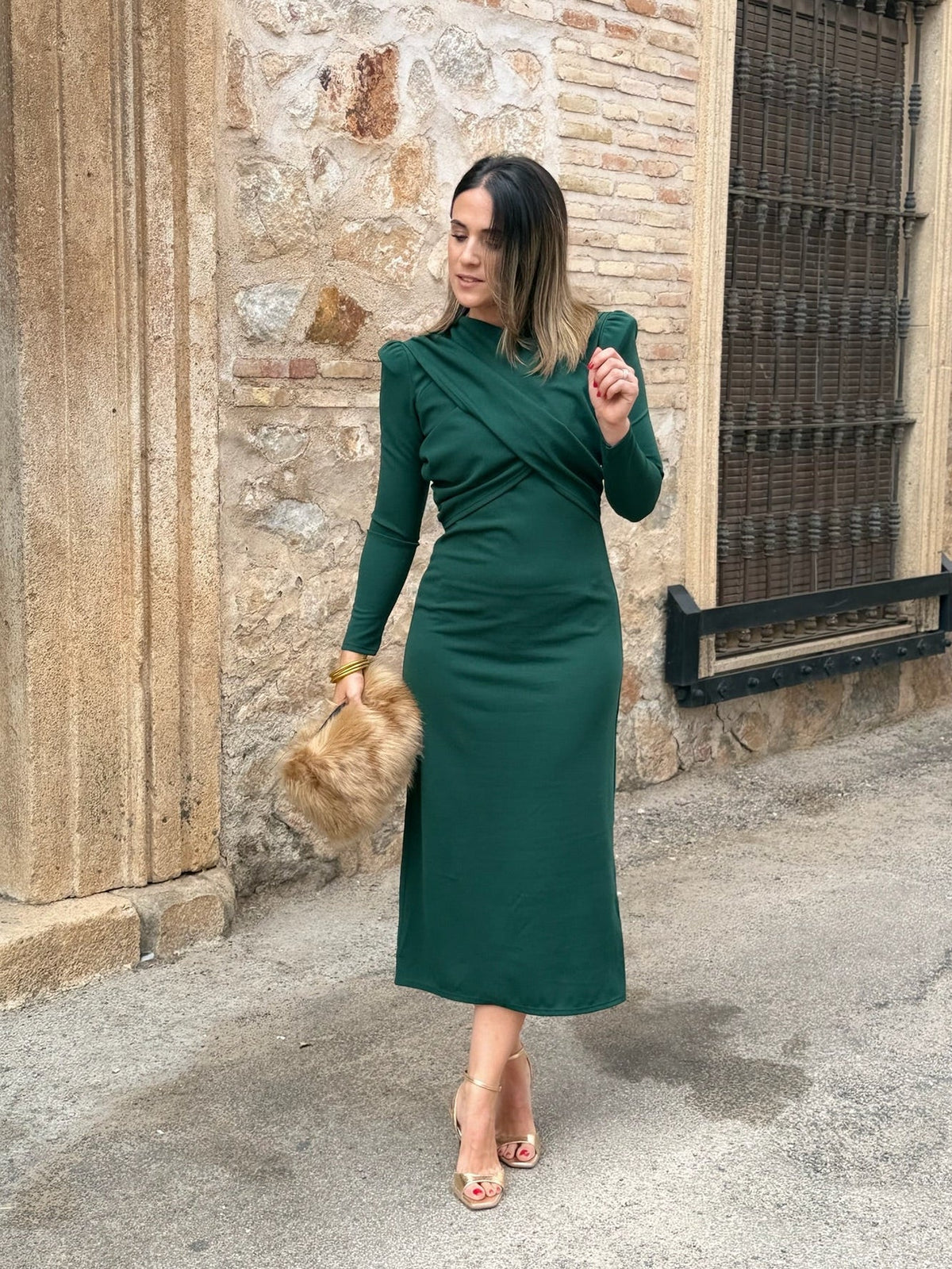Lucía | Vestido midi drapeado - Verde botella