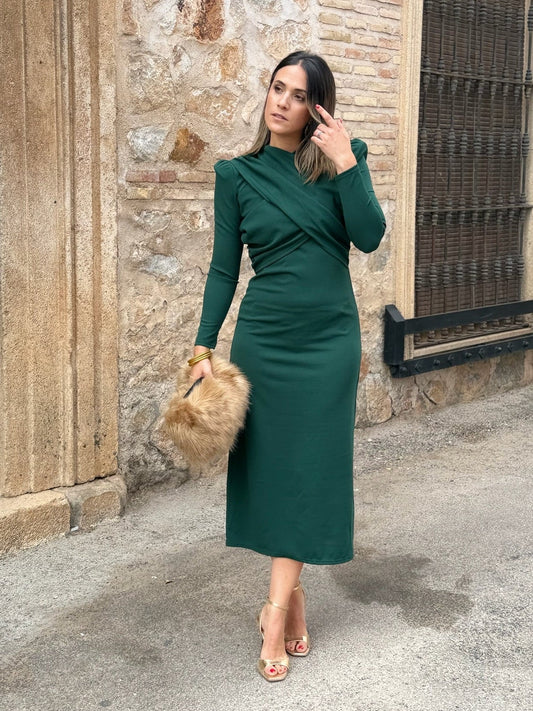 Lucía | Vestido midi drapeado - Verde botella