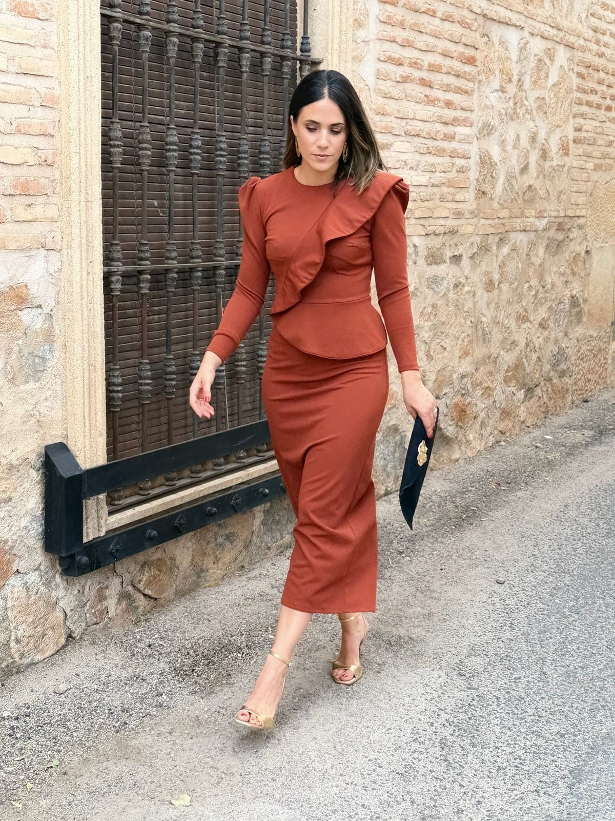 Marta | Vestido midi con volante - Teja