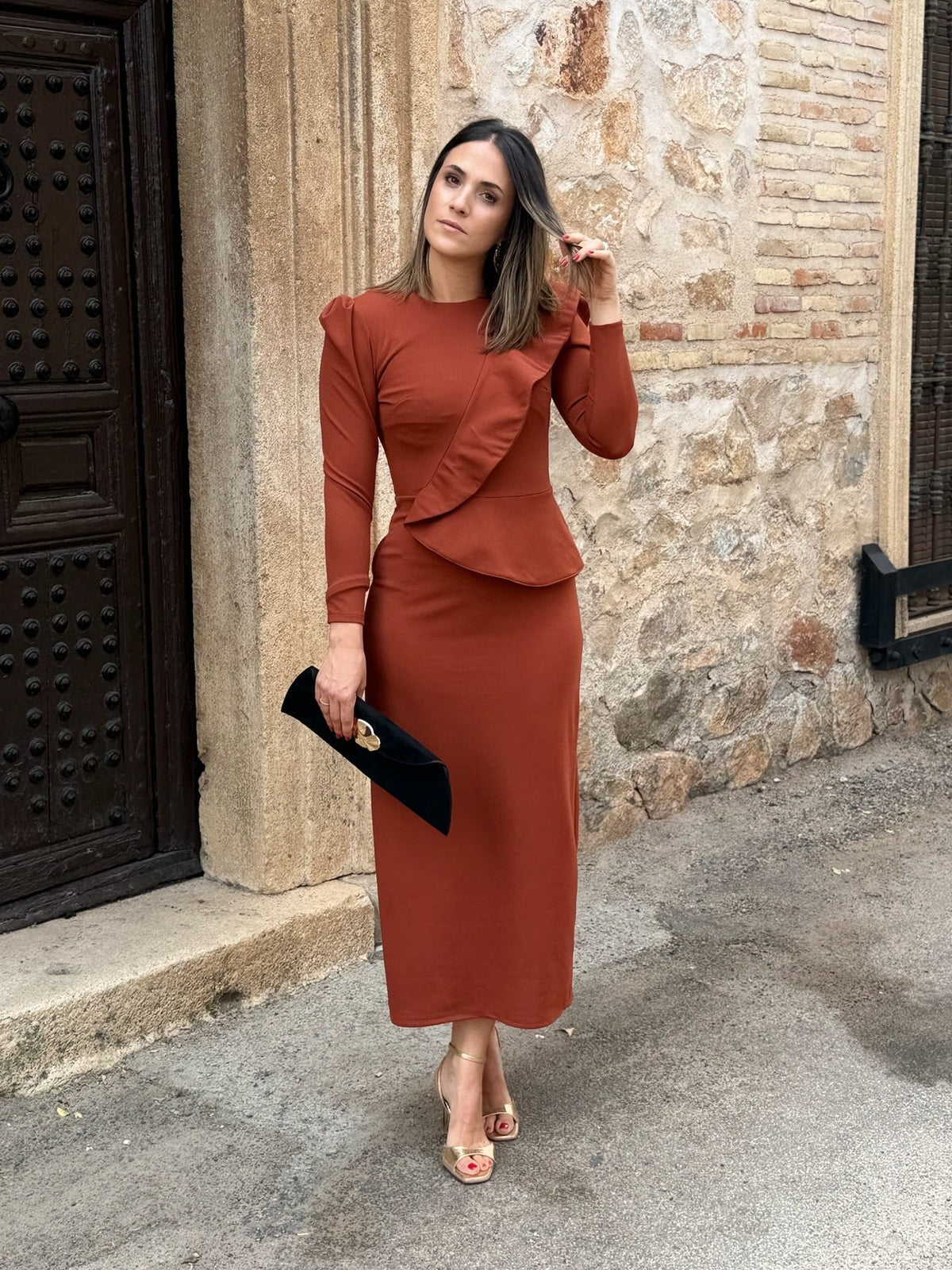 Marta | Vestido midi con volante - Teja