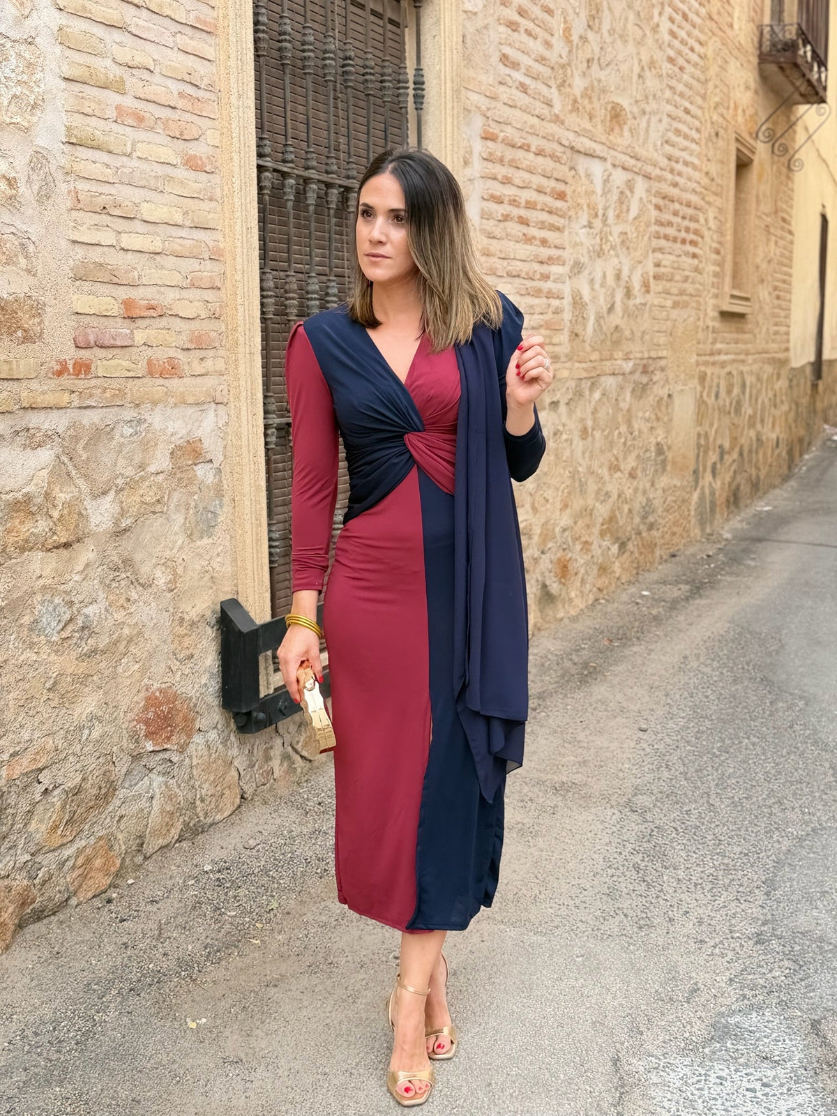 Carmen | Vestido midi bicolor - Azul marino y burdeos