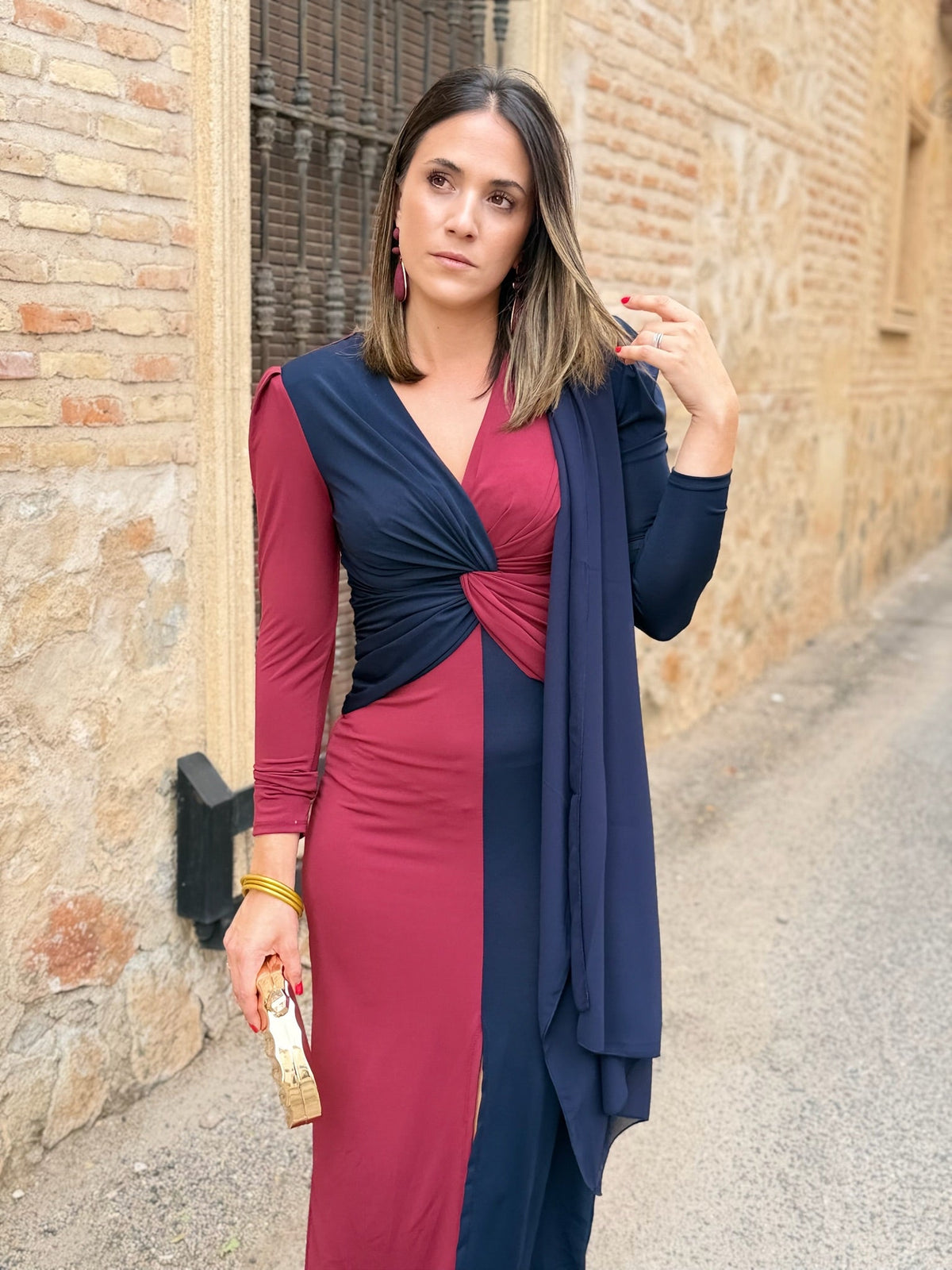 Carmen | Vestido midi bicolor - Azul marino y burdeos