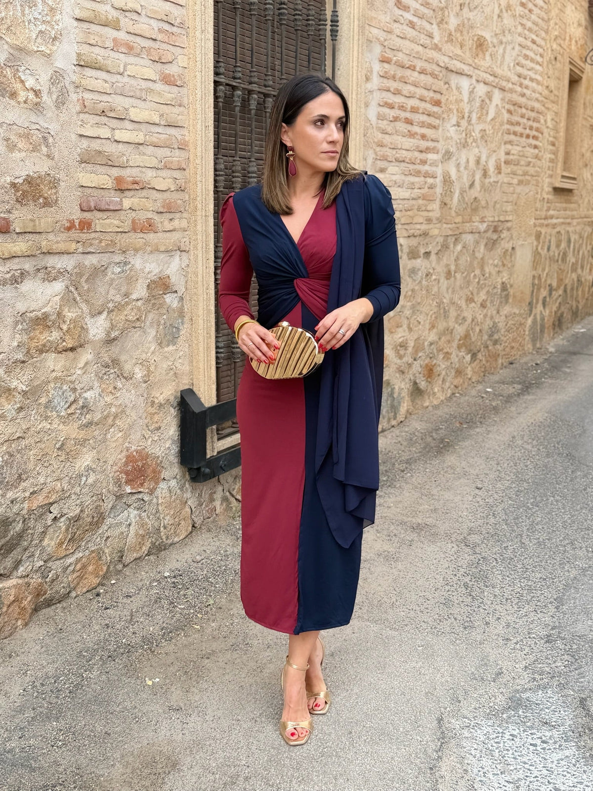 Carmen | Vestido midi bicolor - Azul marino y burdeos