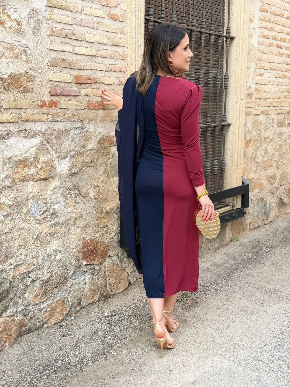 Carmen | Vestido midi bicolor - Azul marino y burdeos