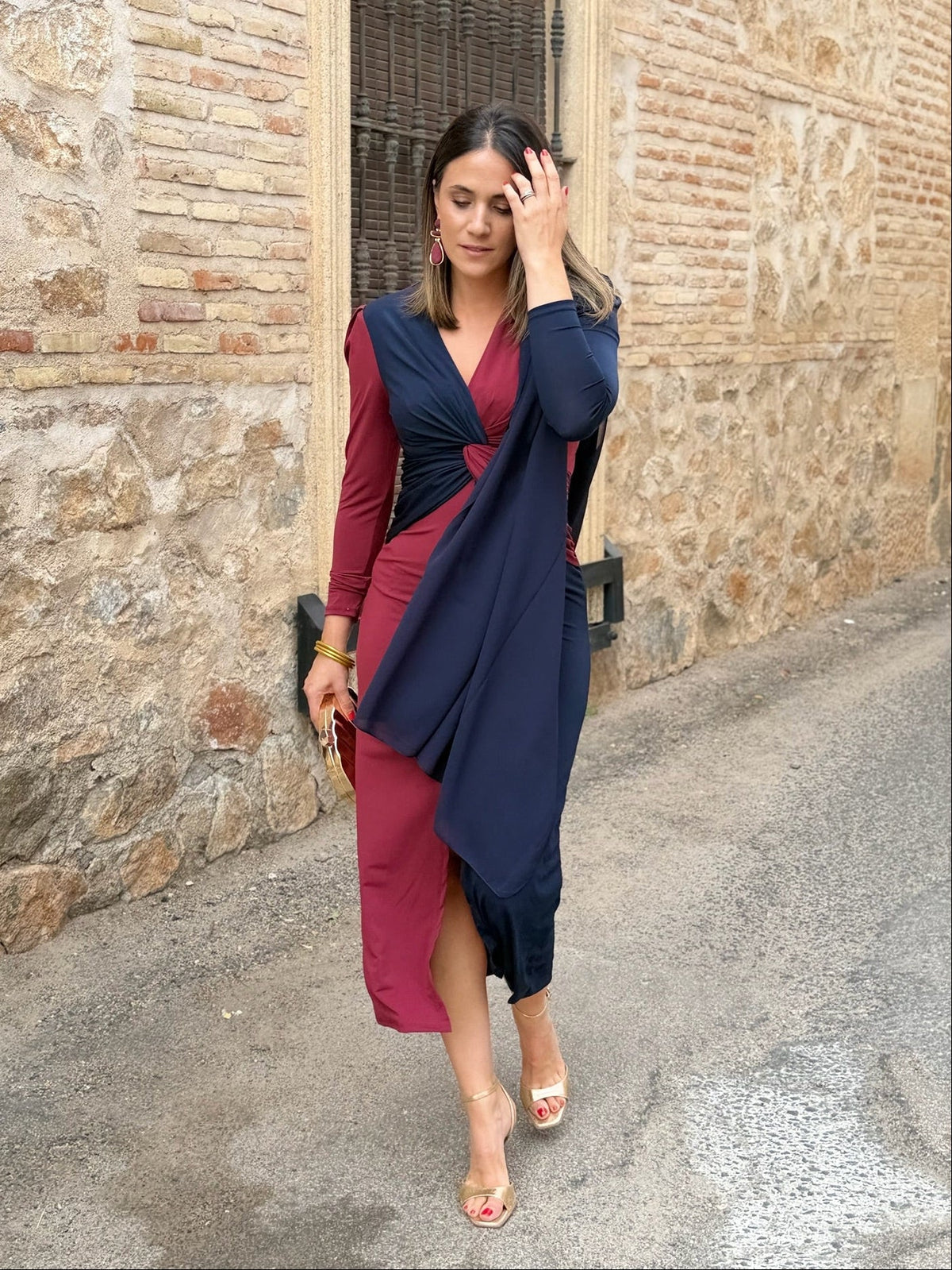 Carmen | Vestido midi bicolor - Azul marino y burdeos