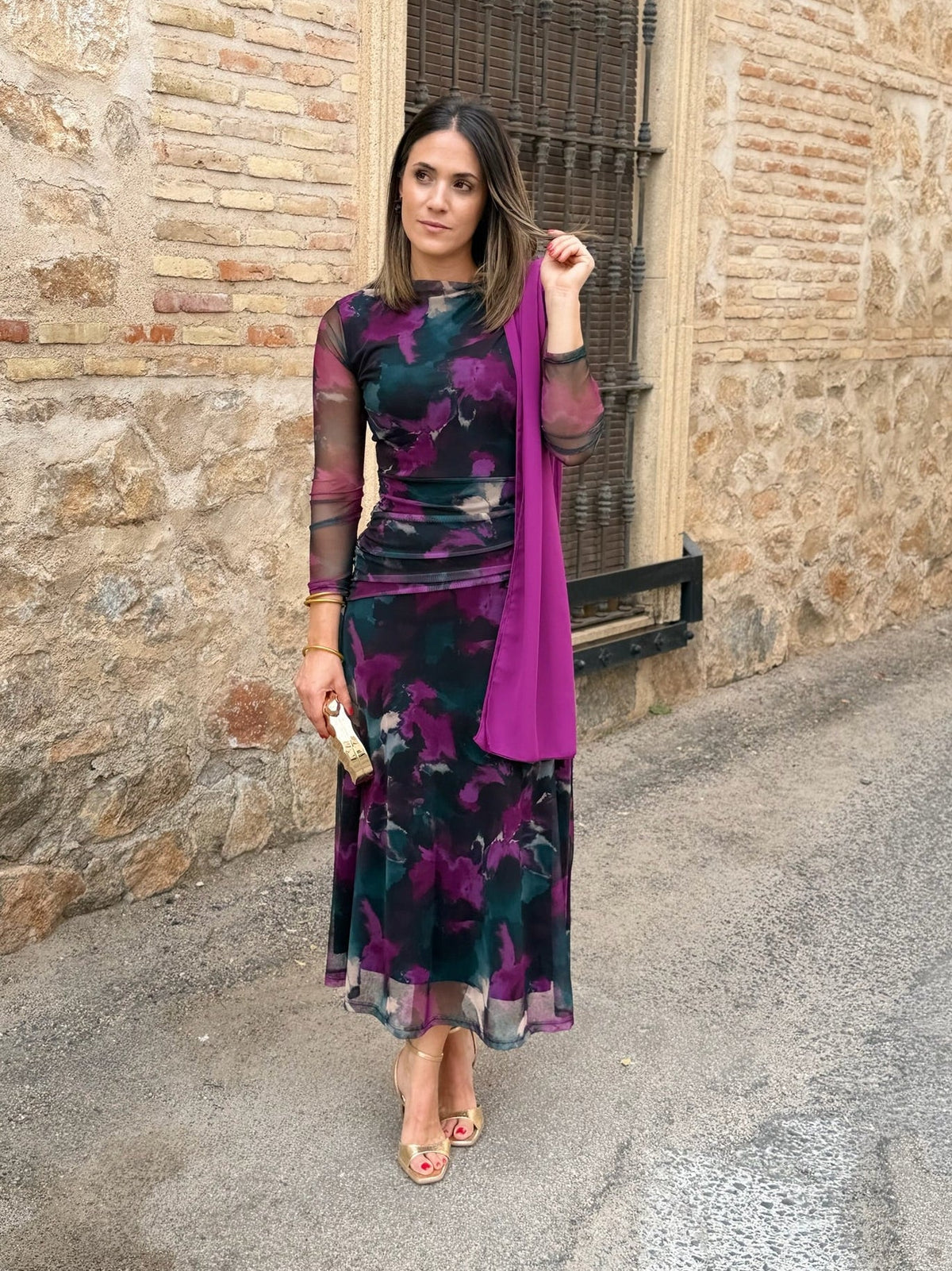 Raquel | Vestido midi de tul - Estampado buganvilla