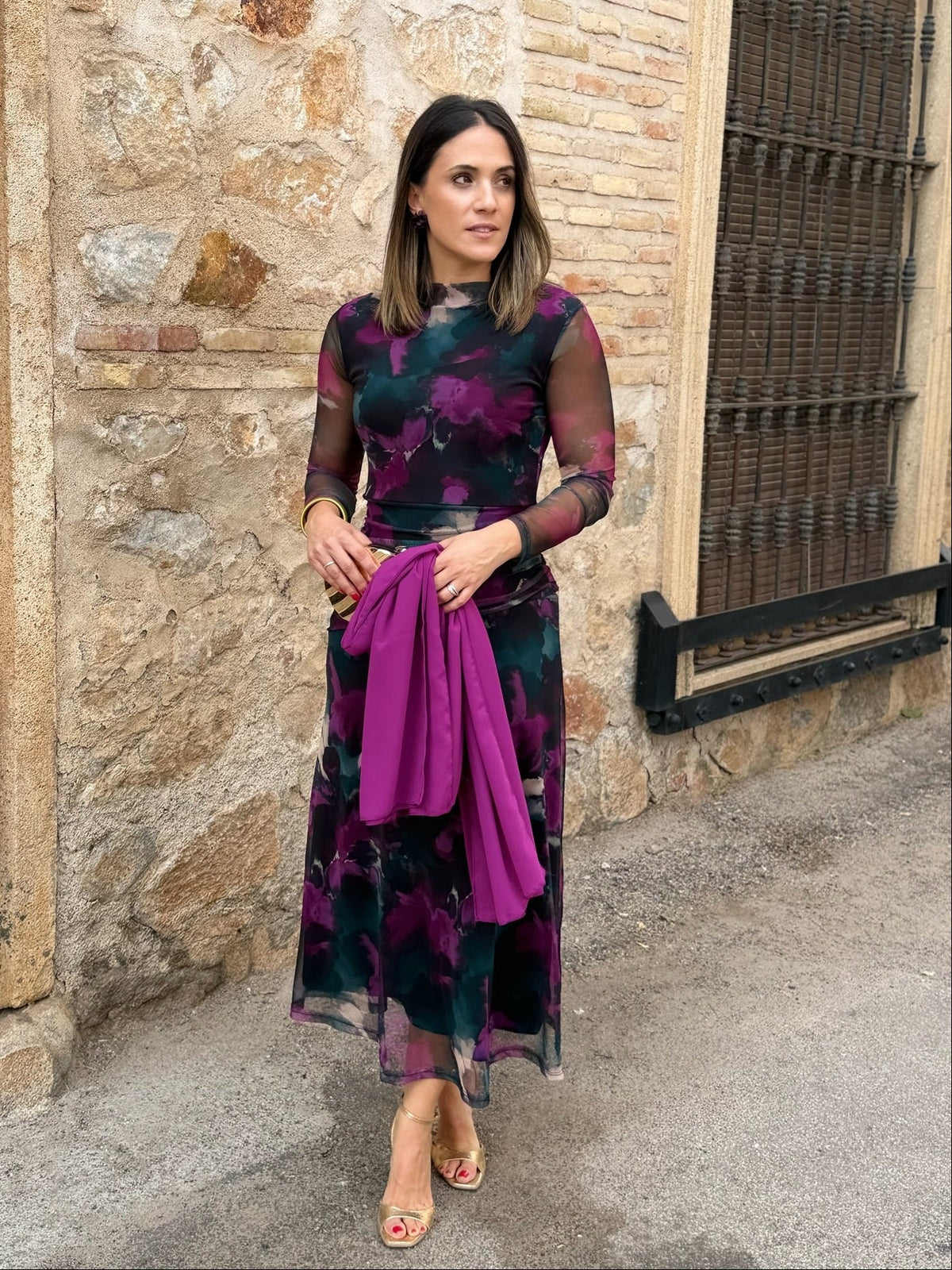 Raquel | Vestido midi de tul - Estampado buganvilla