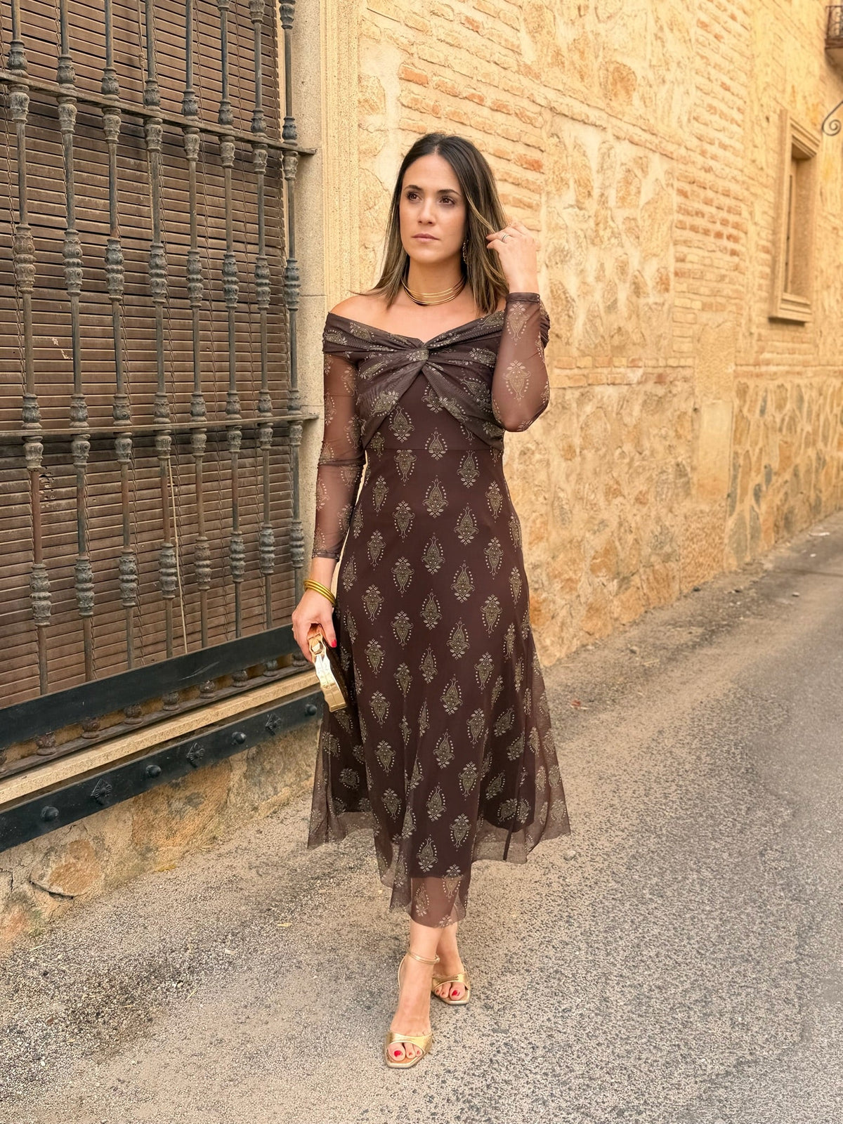 Inés | Vestido de tul con escote bardot - Chocolate
