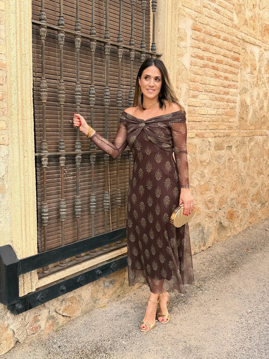 Inés | Vestido de tul con escote bardot - Chocolate