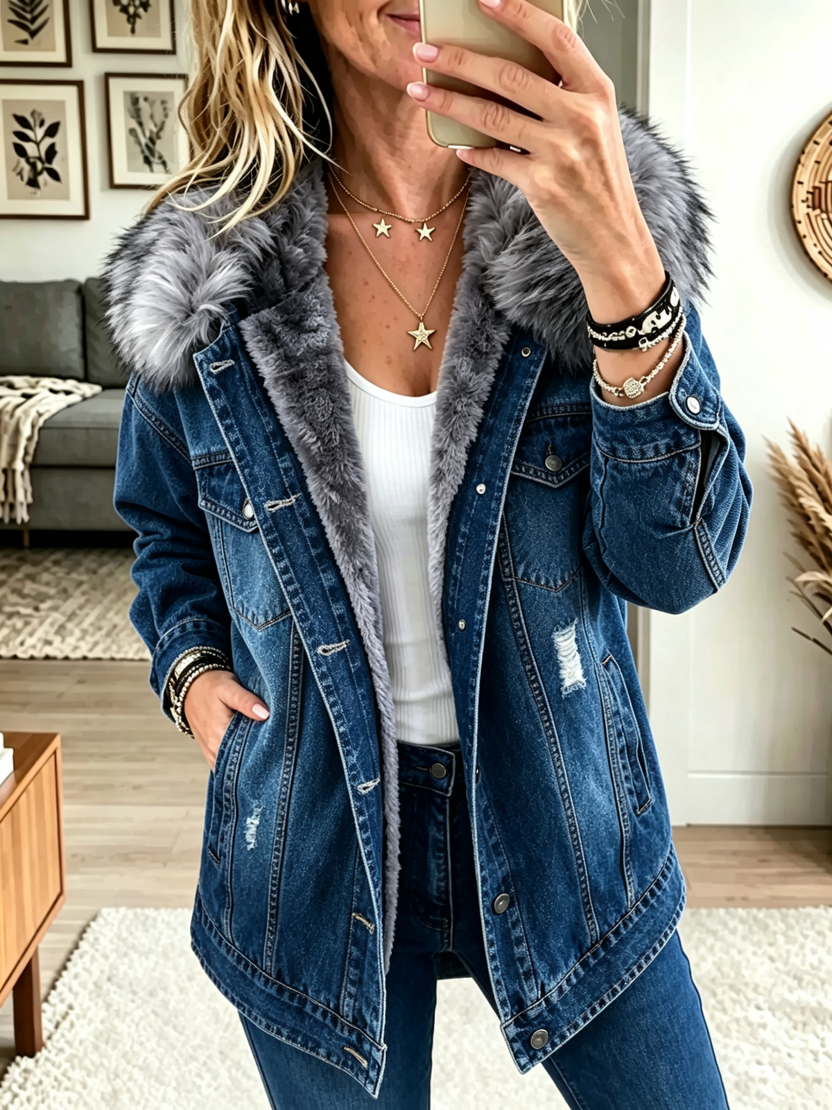 Chaqueta vaquera para mujer con cuello de piel sintética y forro polar
